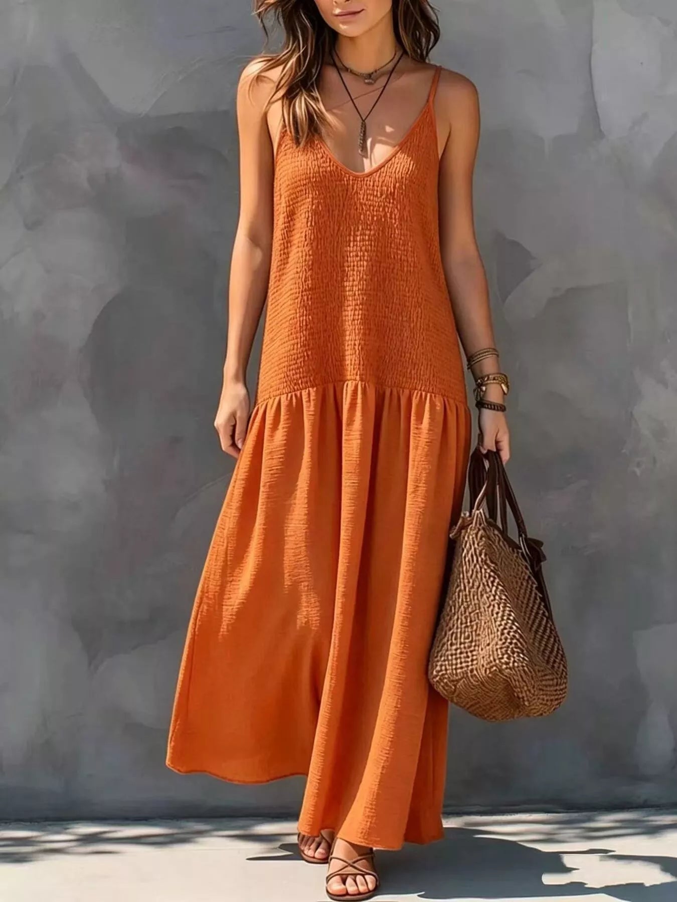 Trendsi Sleeveless Smocked V-Neck Casual Maxi Dress -