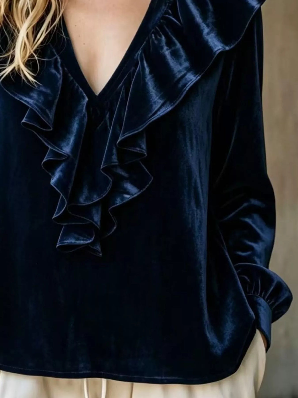 Dark Navy Velvet Ruffled V-Neck Long Sleeve Blouse ruffle and sleeve detail