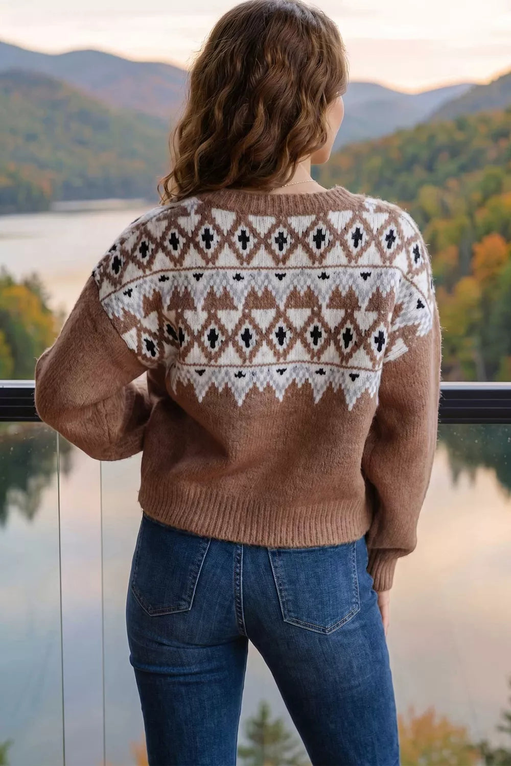 Women's Geometric Print Drop Shoulder Casual Pullover Sweater in Caramel, alternate view