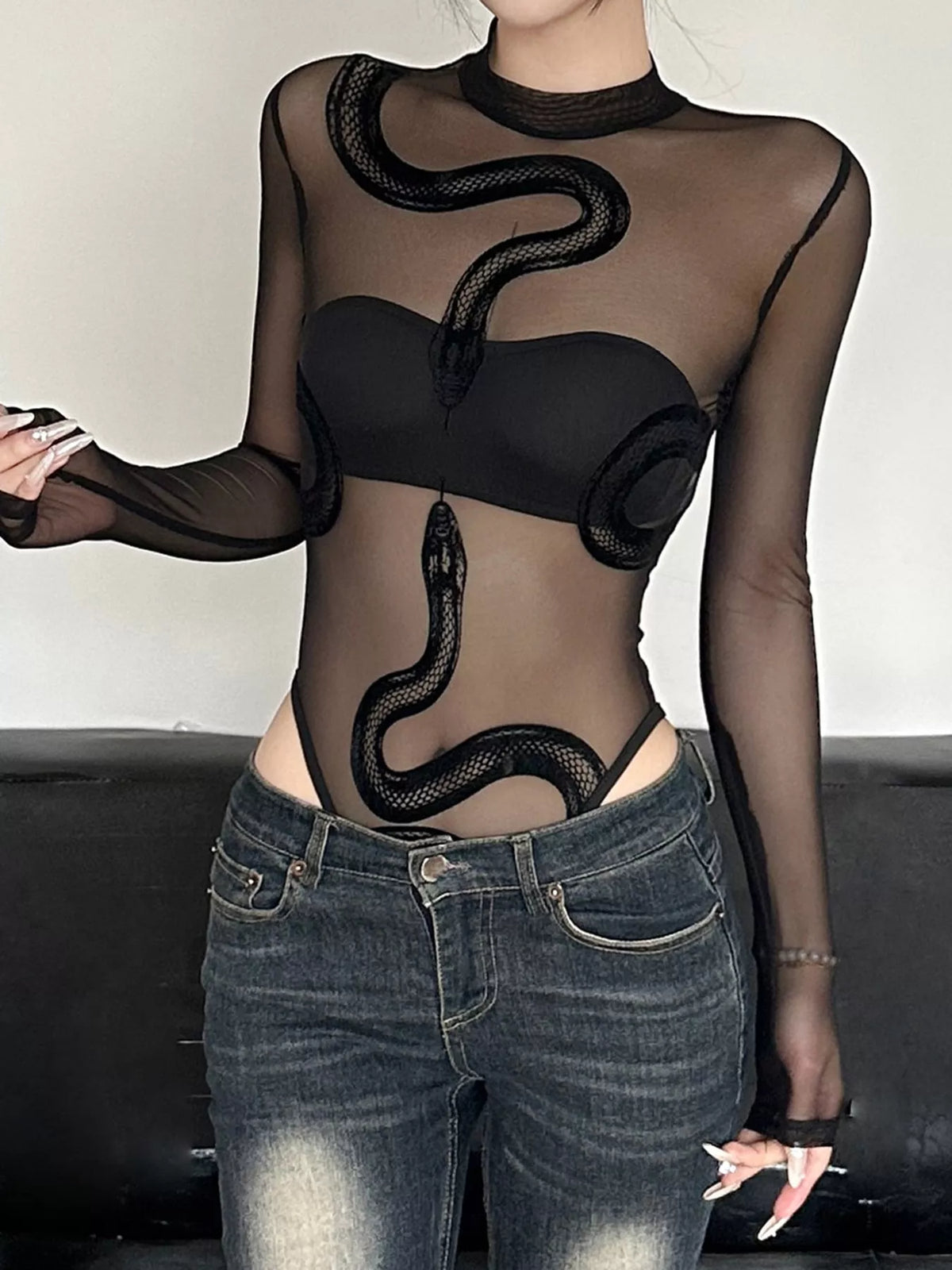 Black sheer mesh snake-motif bodysuit