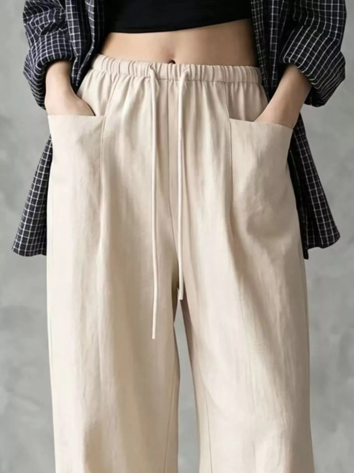 Women's Drawstring Wide-Leg Casual Pants in cream — waist detail view