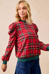 Trendsi BiBi Christmas Plaid Exaggerated Shoulder Sleeves Top -