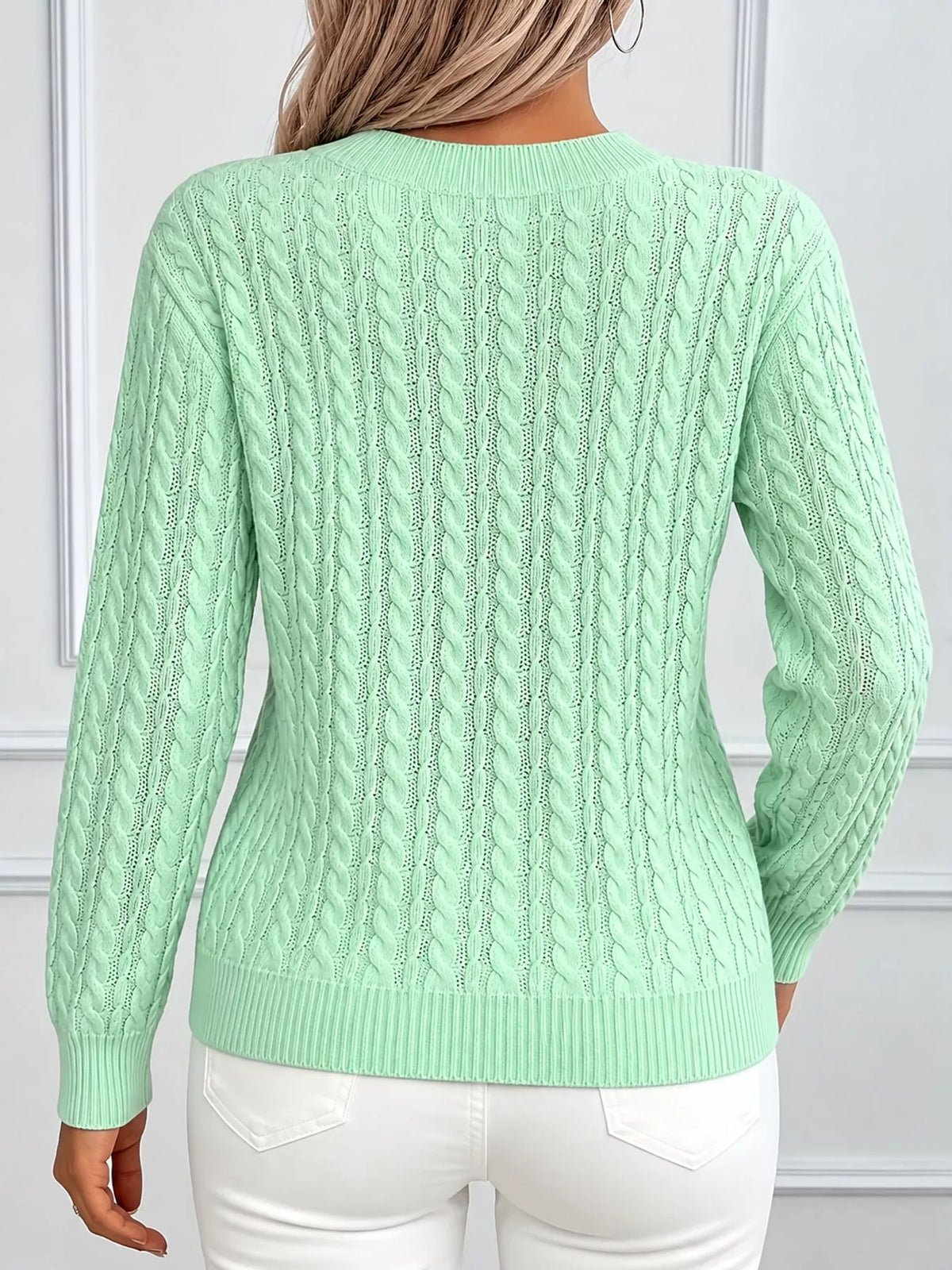 Light Green cable knit round neck sweater, back view