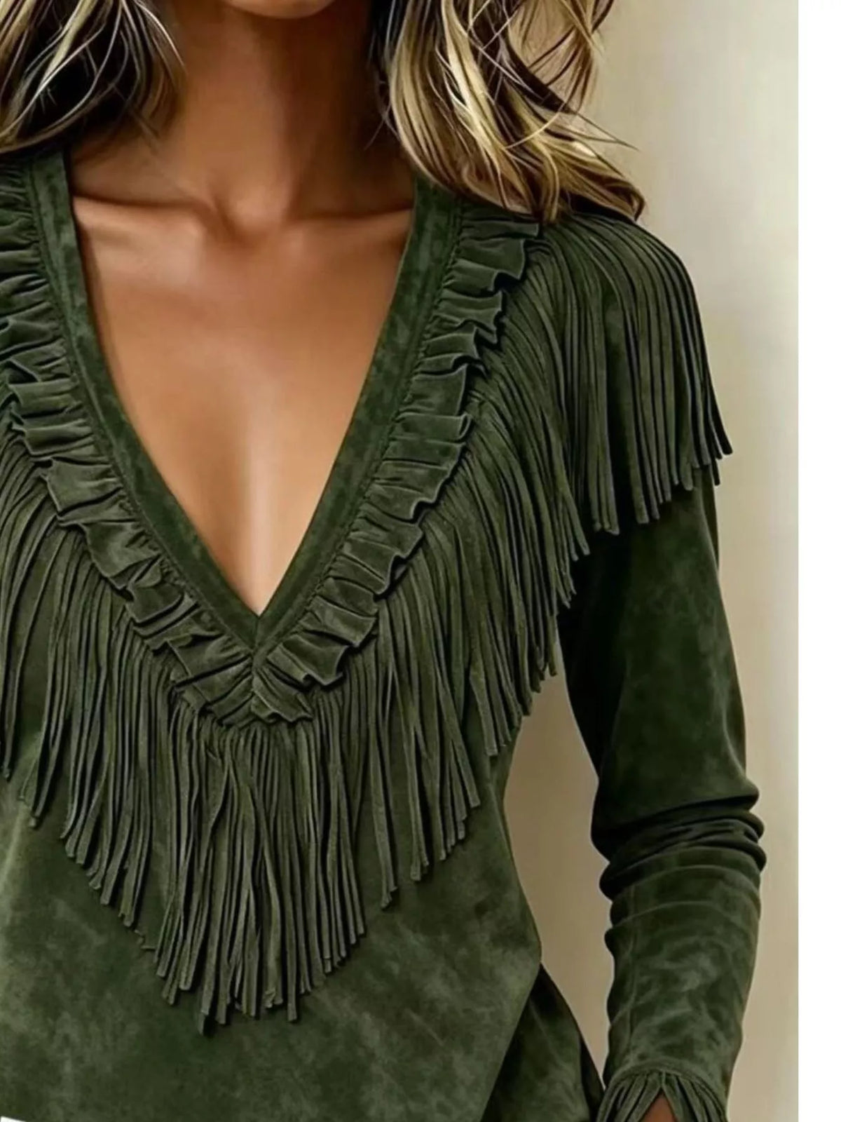 Fringed V-Neck Blouse in army green, fringe detail