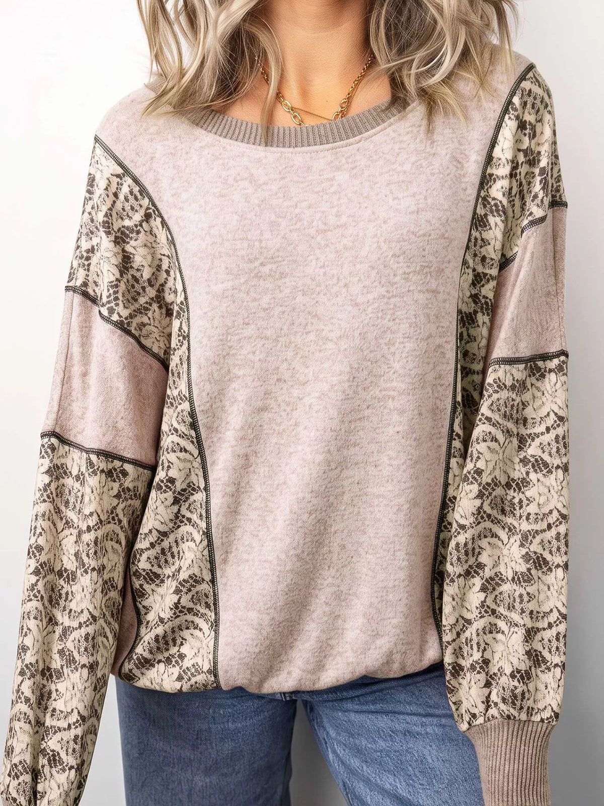 Trendsi Floral Print Round Neck Long Sleeve Shift Top -