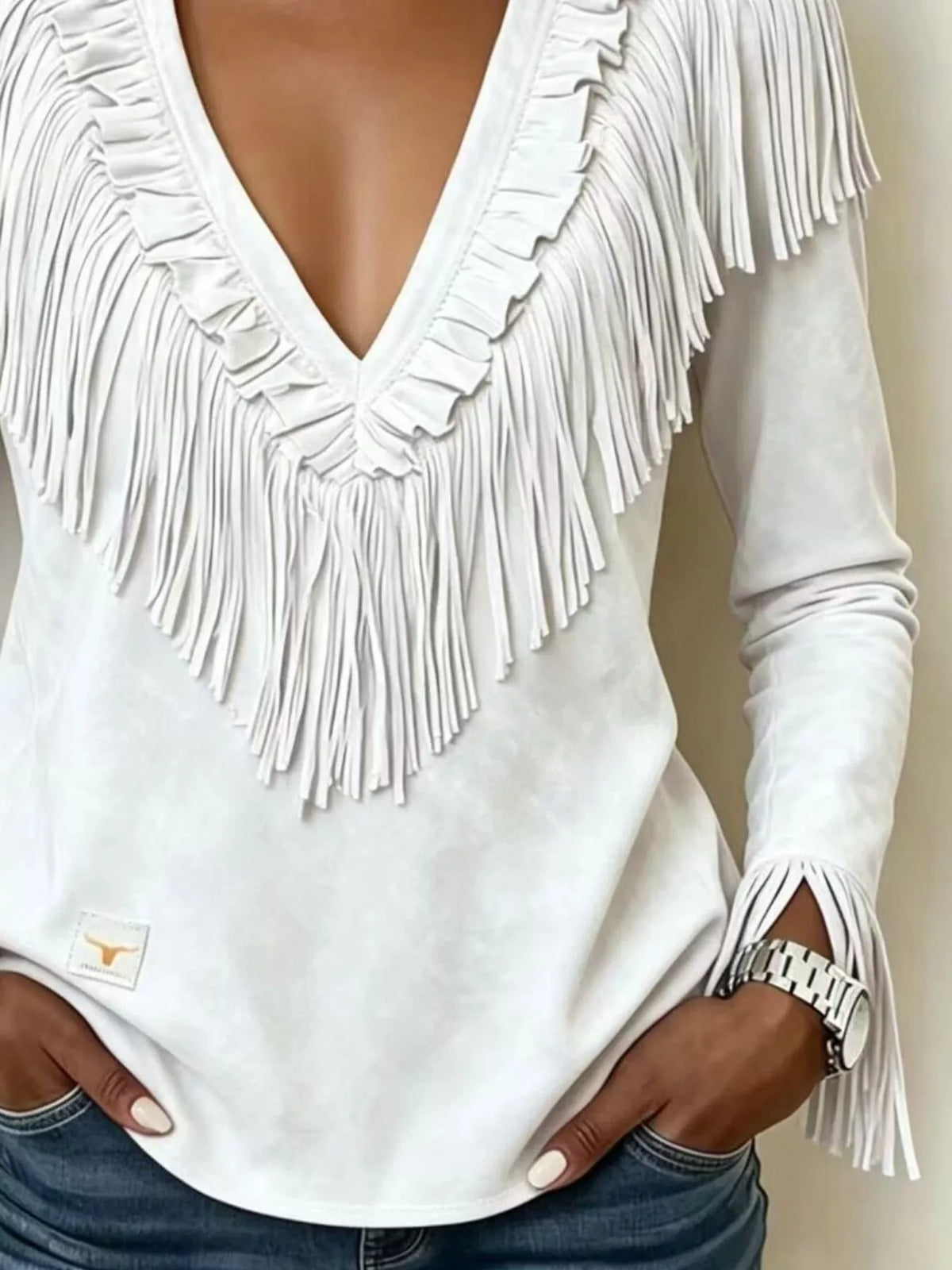 Fringed V-Neck Blouse in white, fringe detail