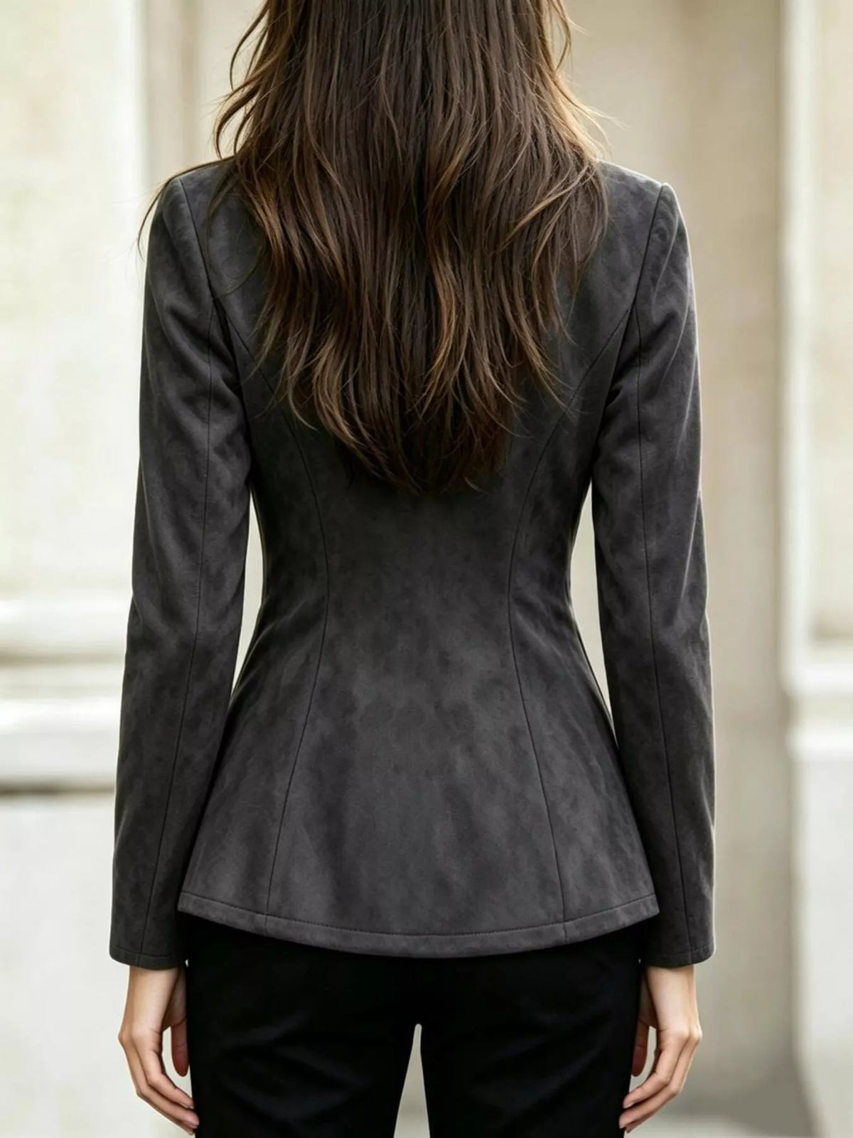 Gray long sleeve buckle jacket, back view