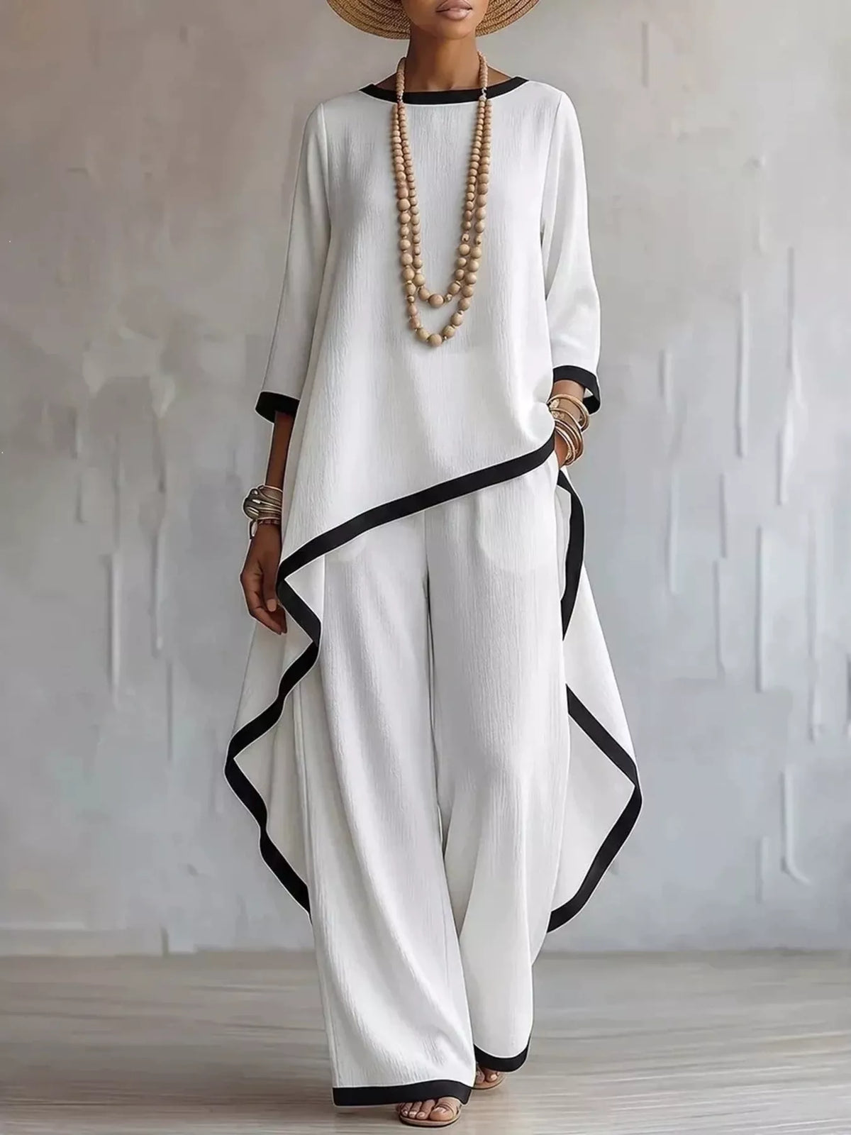 White contrast-trim top and pants set, front view