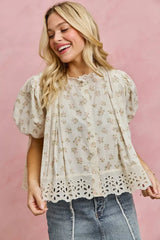 Trendsi SO ME Floral Print Lace Trim Short Sleeves Blouse -