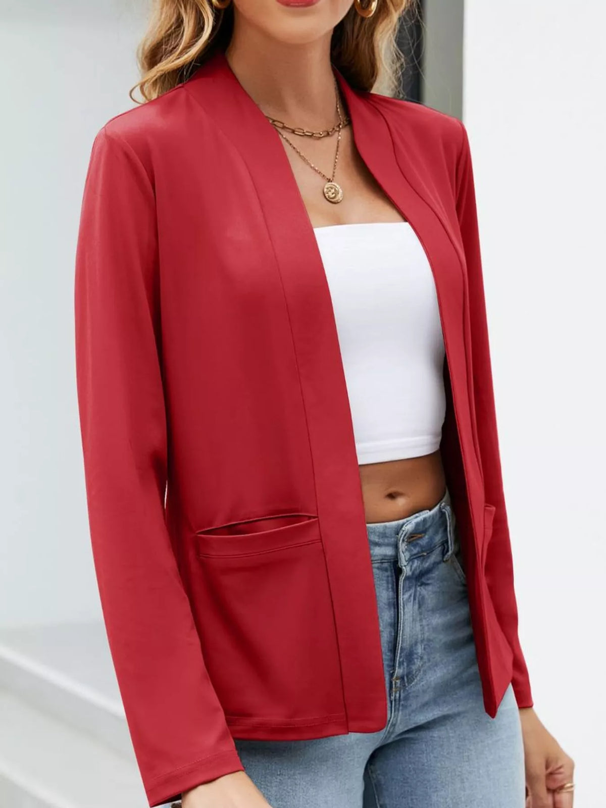 Mandarin neck long sleeve blazer, front view on model