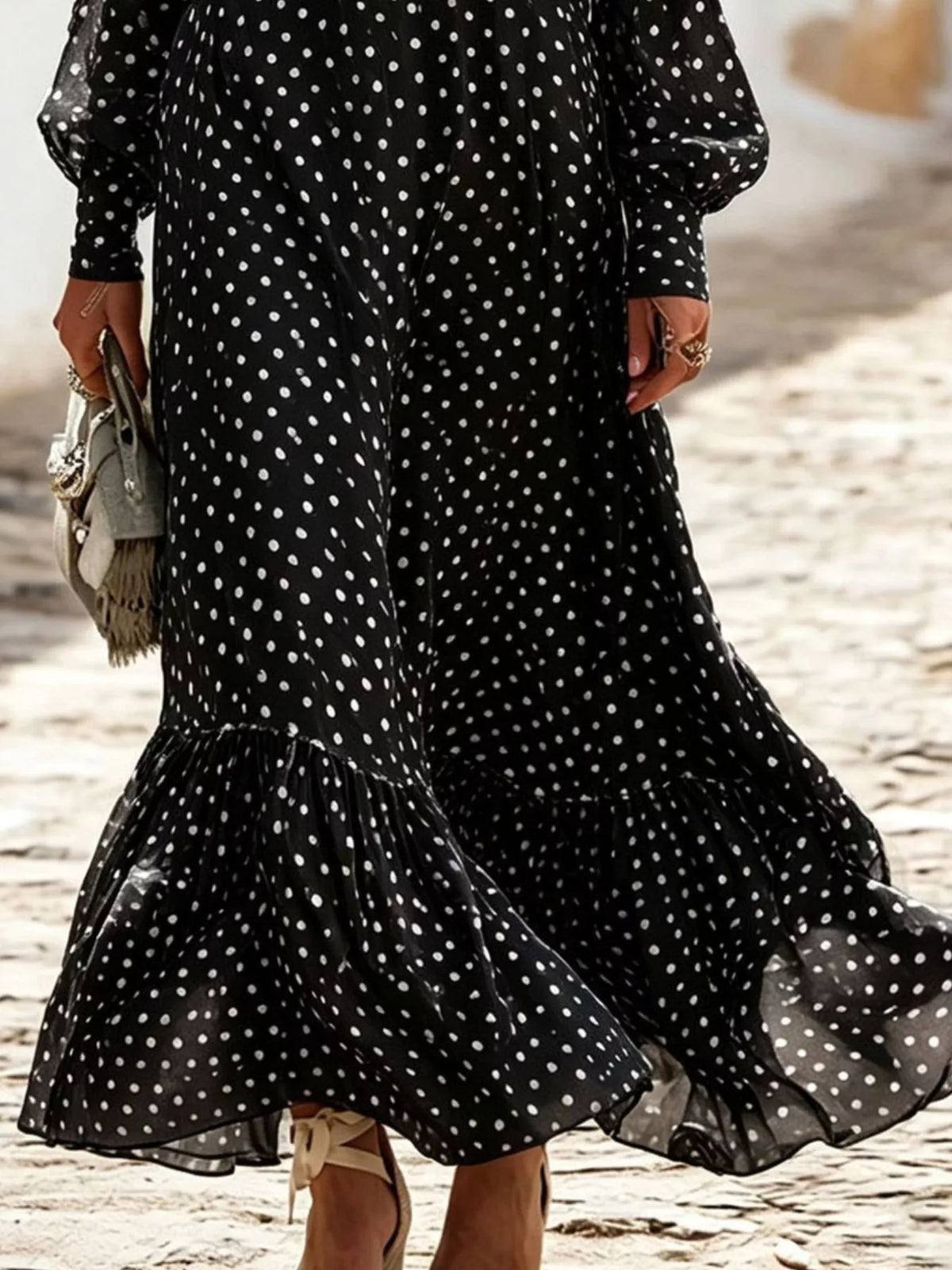 Polka-dot ruffle v-neck maxi dress