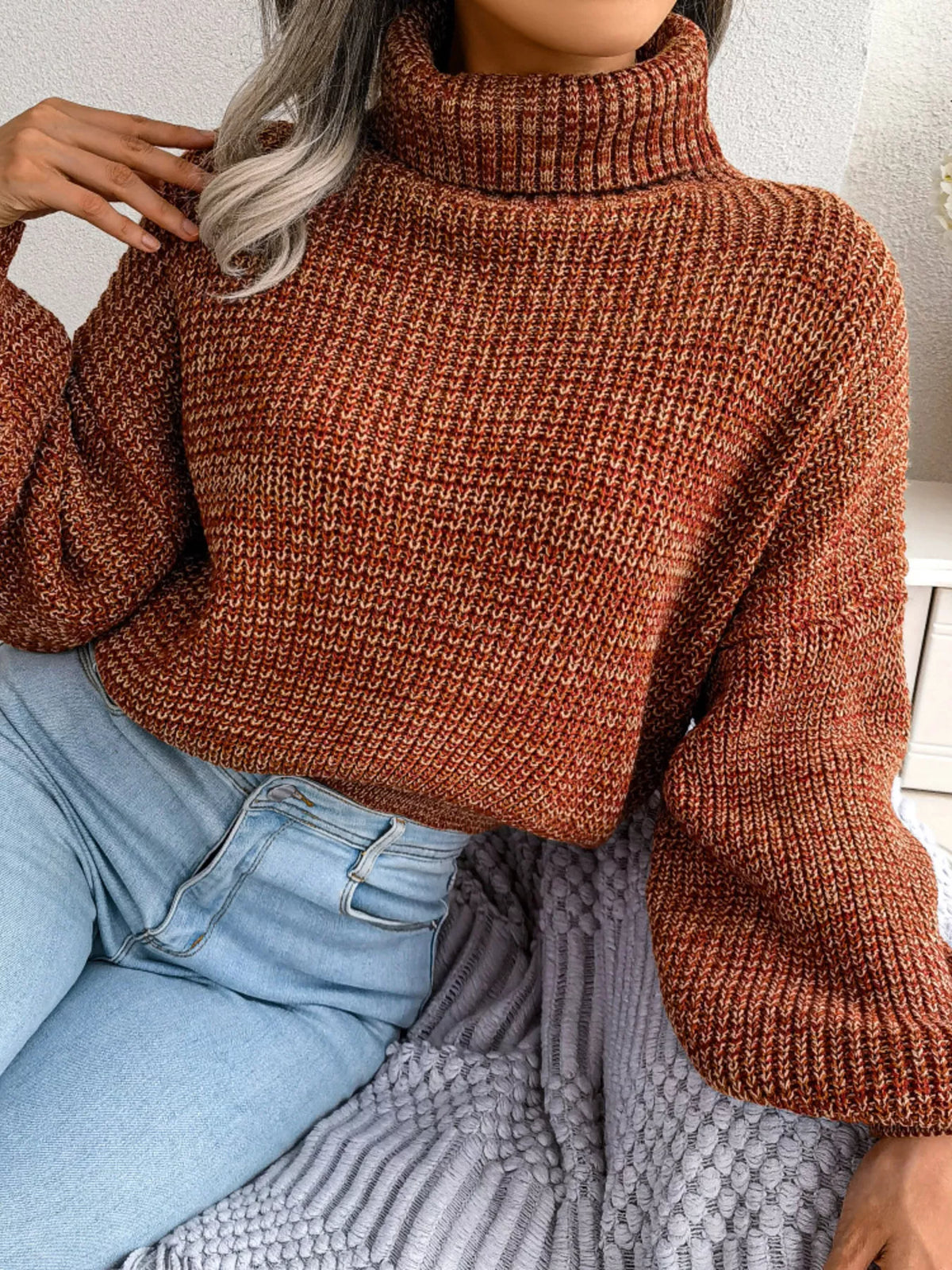Turtleneck Dropped Shoulder Sweater in brown, front view
