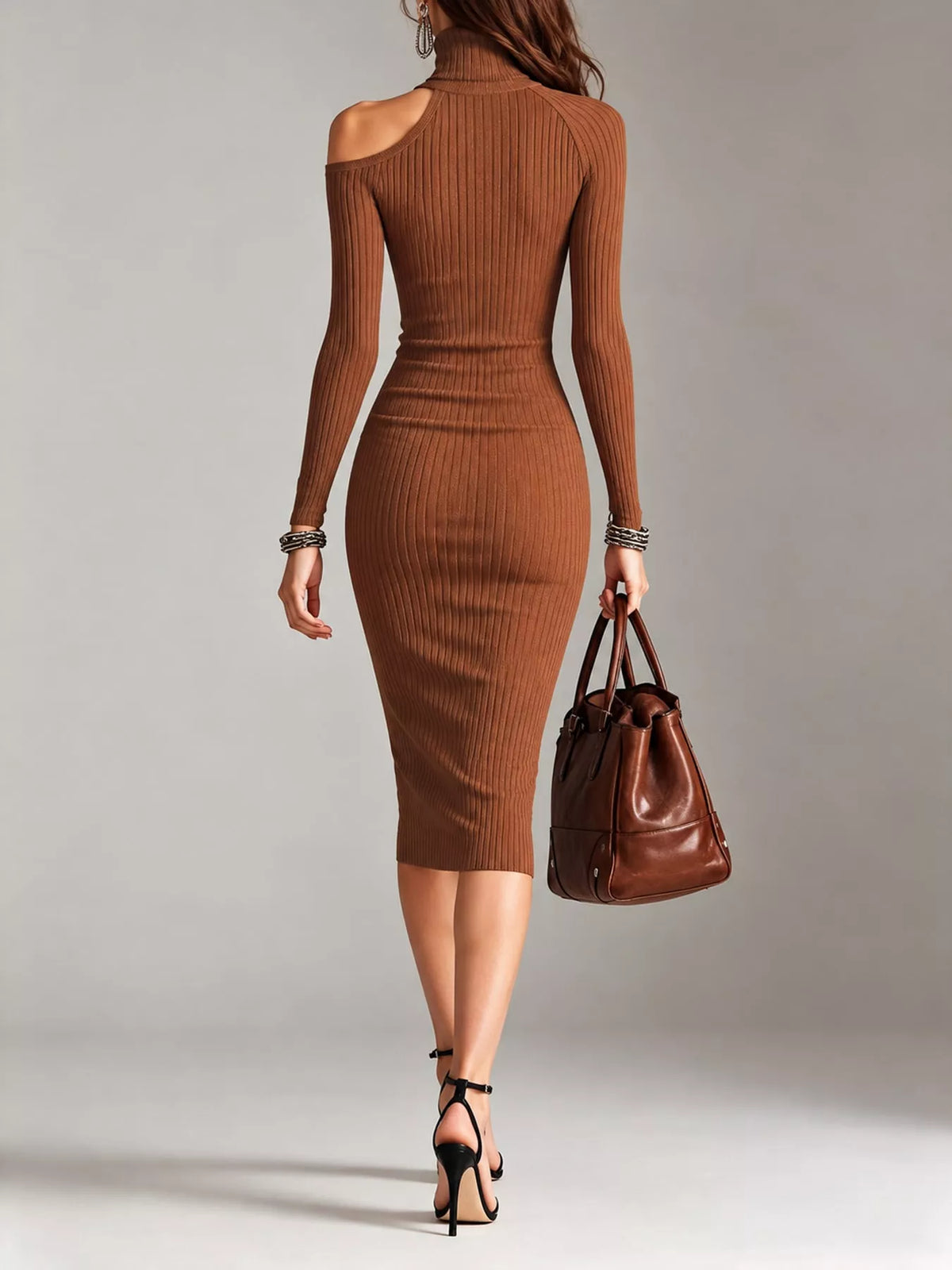 Cold-shoulder dress, light brown back