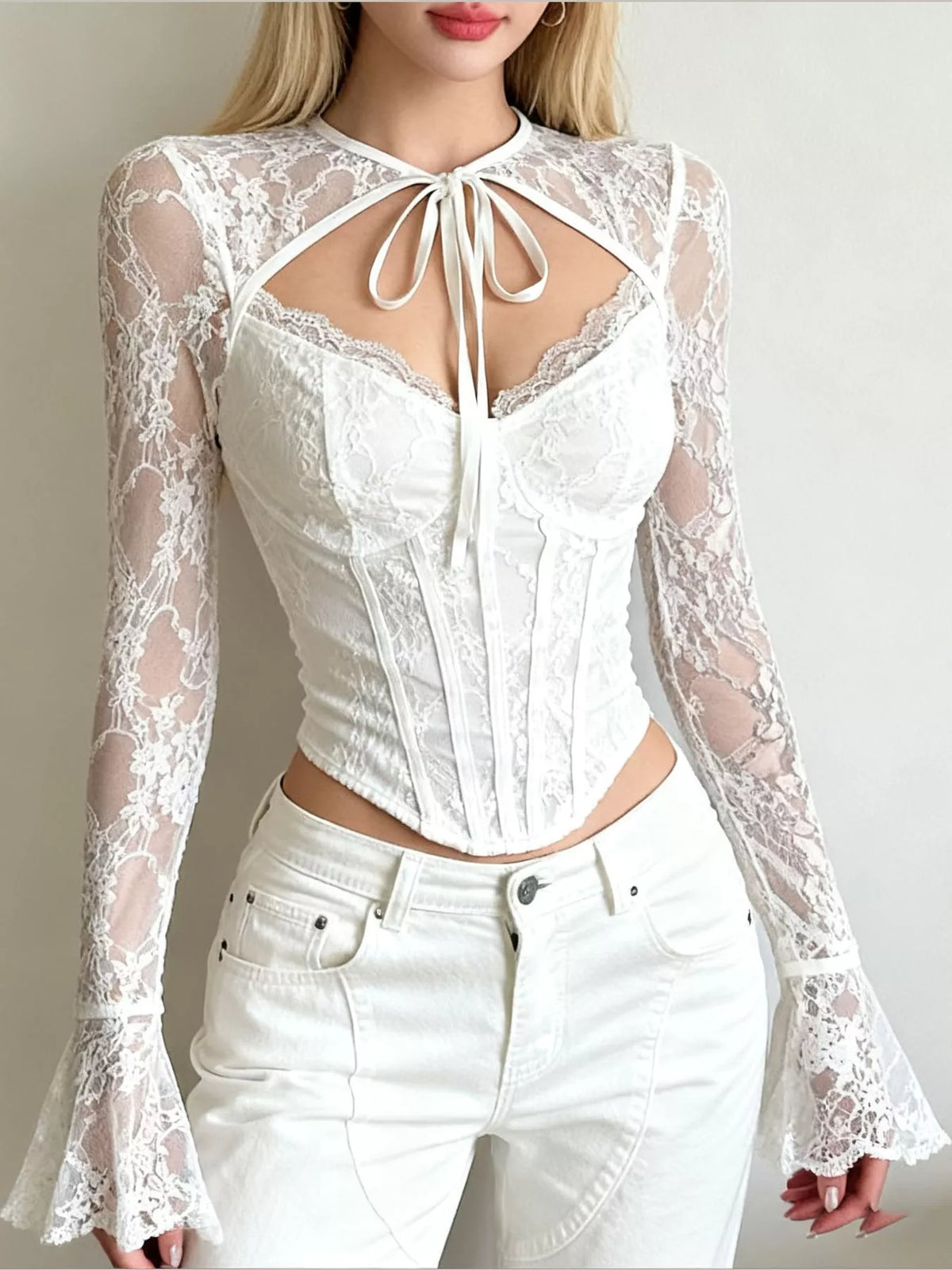 Round neck long sleeve blouse, front view on model