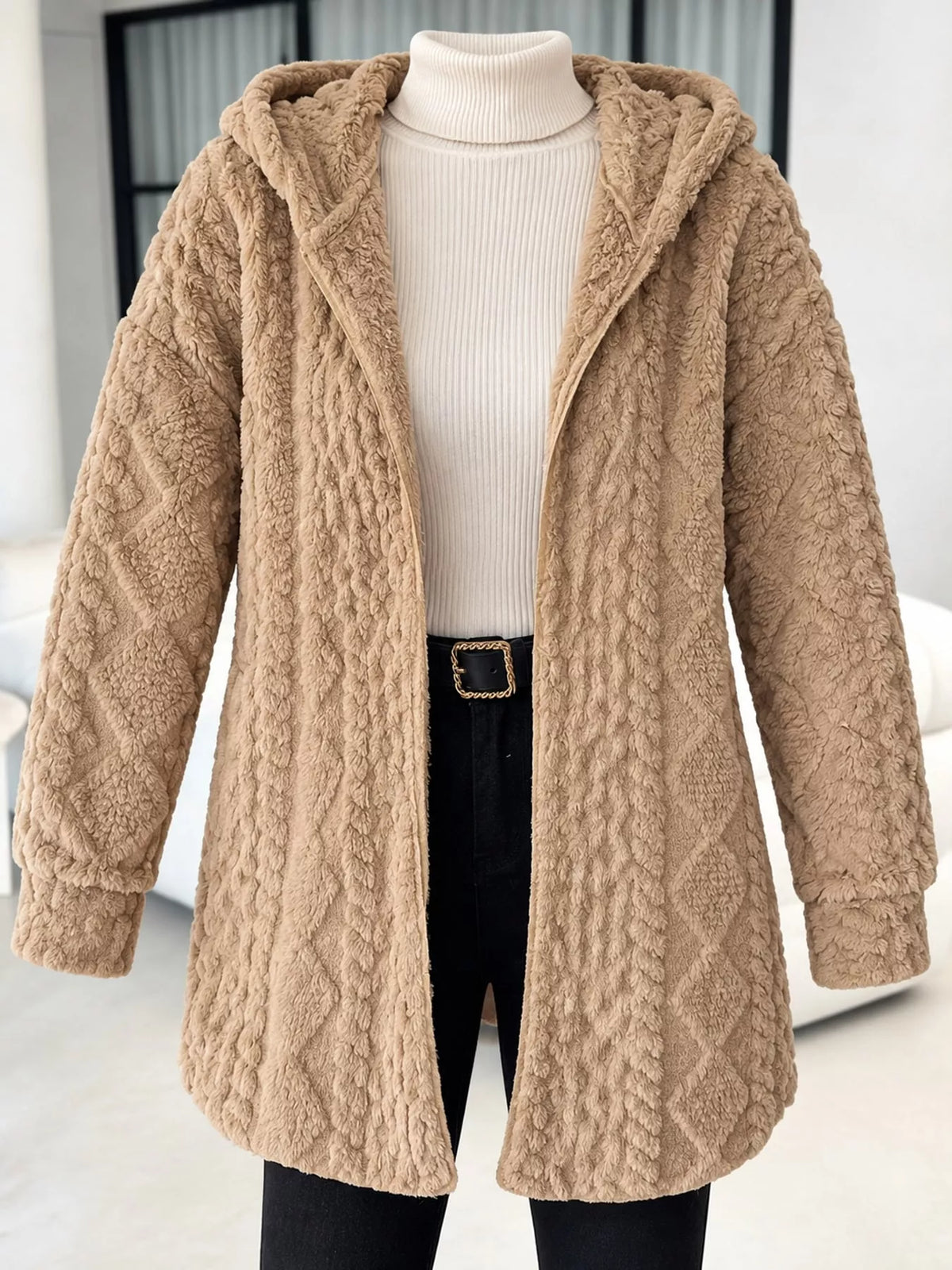 Cable Knit Zip-Up Hooded Cardigan in camel
