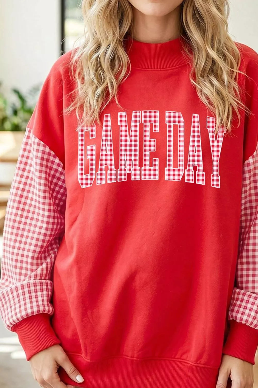 Game Day plaid-sleeve mock-neck sweatshirt