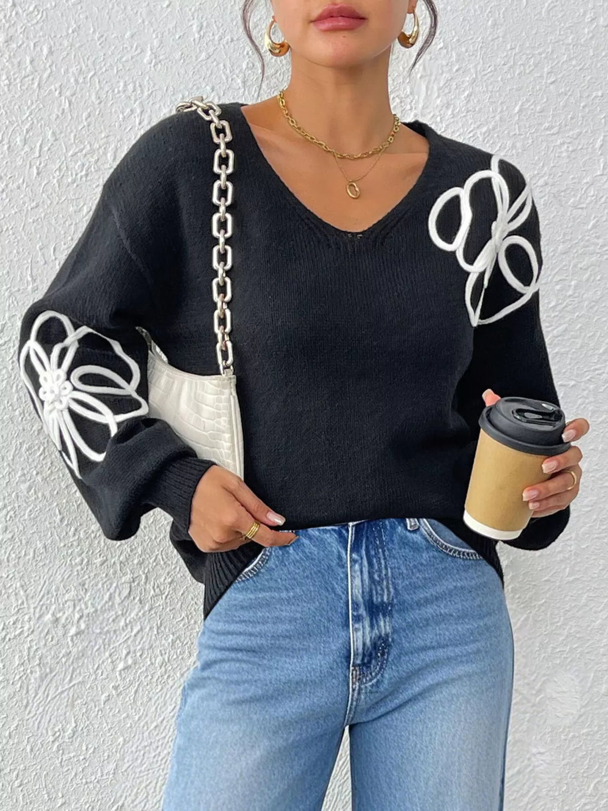 Flower V-neck dropped-shoulder sweater