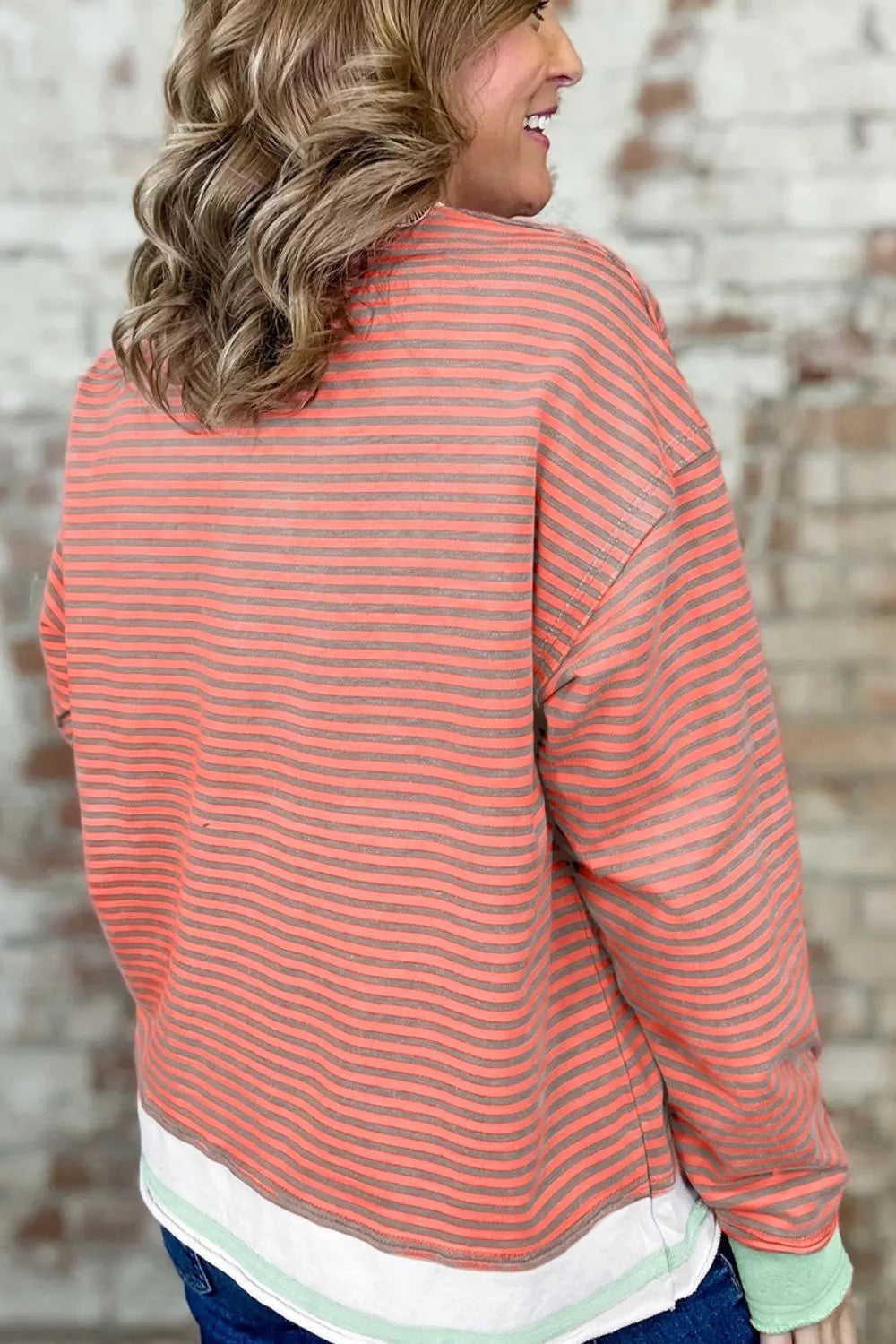 Trendsi Stripe Colorblock Detail Raw Seam Long Sleeve Tunic Top - Shirts