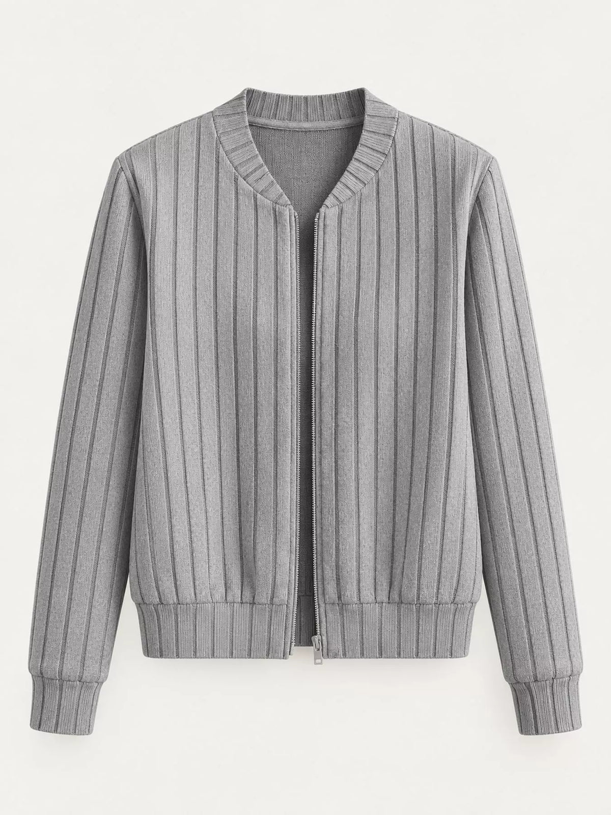Ribbed Knit Zip-Up Bomber Jacket — garment front