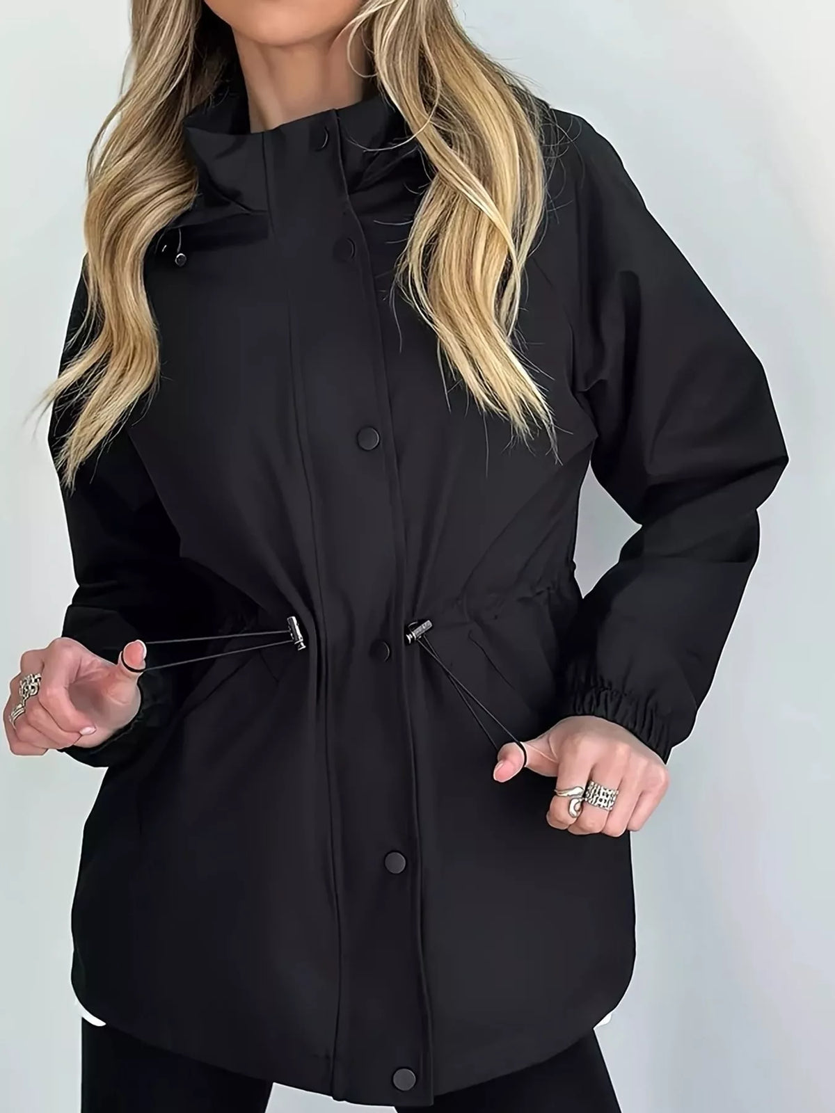 Black hooded drawstring waist windbreaker jacket