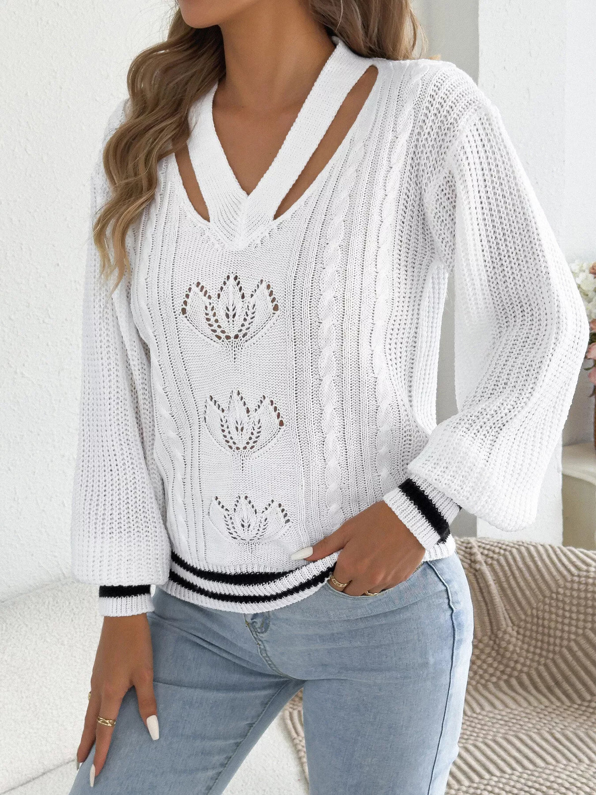 Cutout Cable Knit Sweater in white, front view