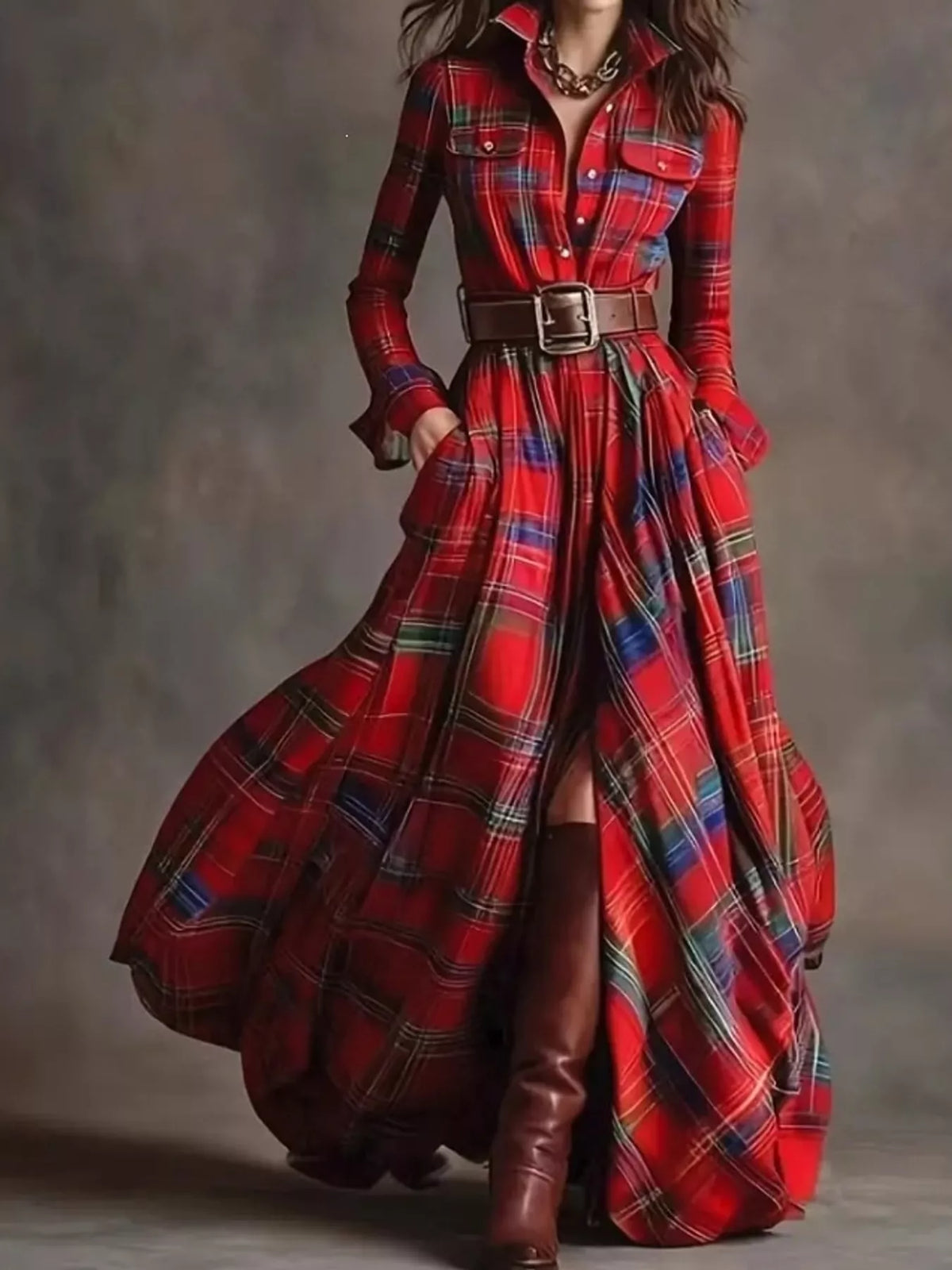 Vintage Plaid Button-Down Maxi Shirt Dress in red