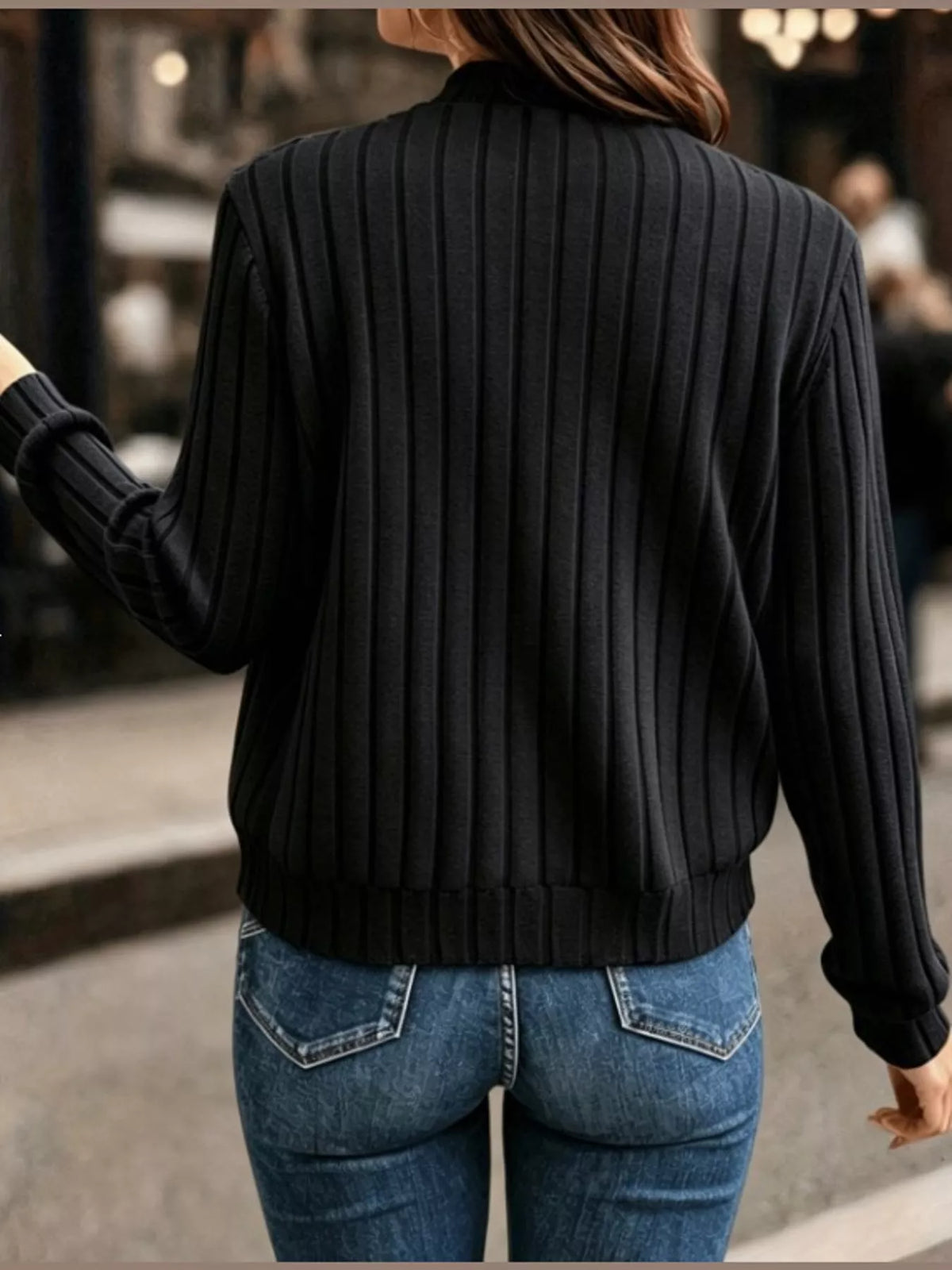 Ribbed Knit Zip-Up Bomber Jacket — back view