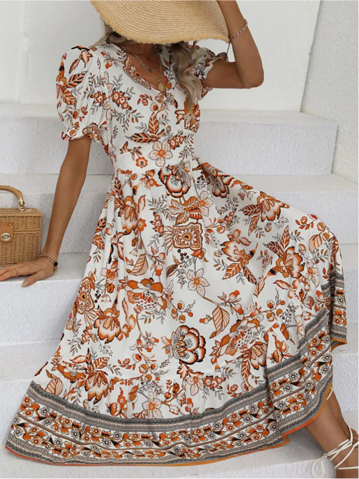 Trendsi Floral Print Puff Sleeve Wrap Midi Dress -
