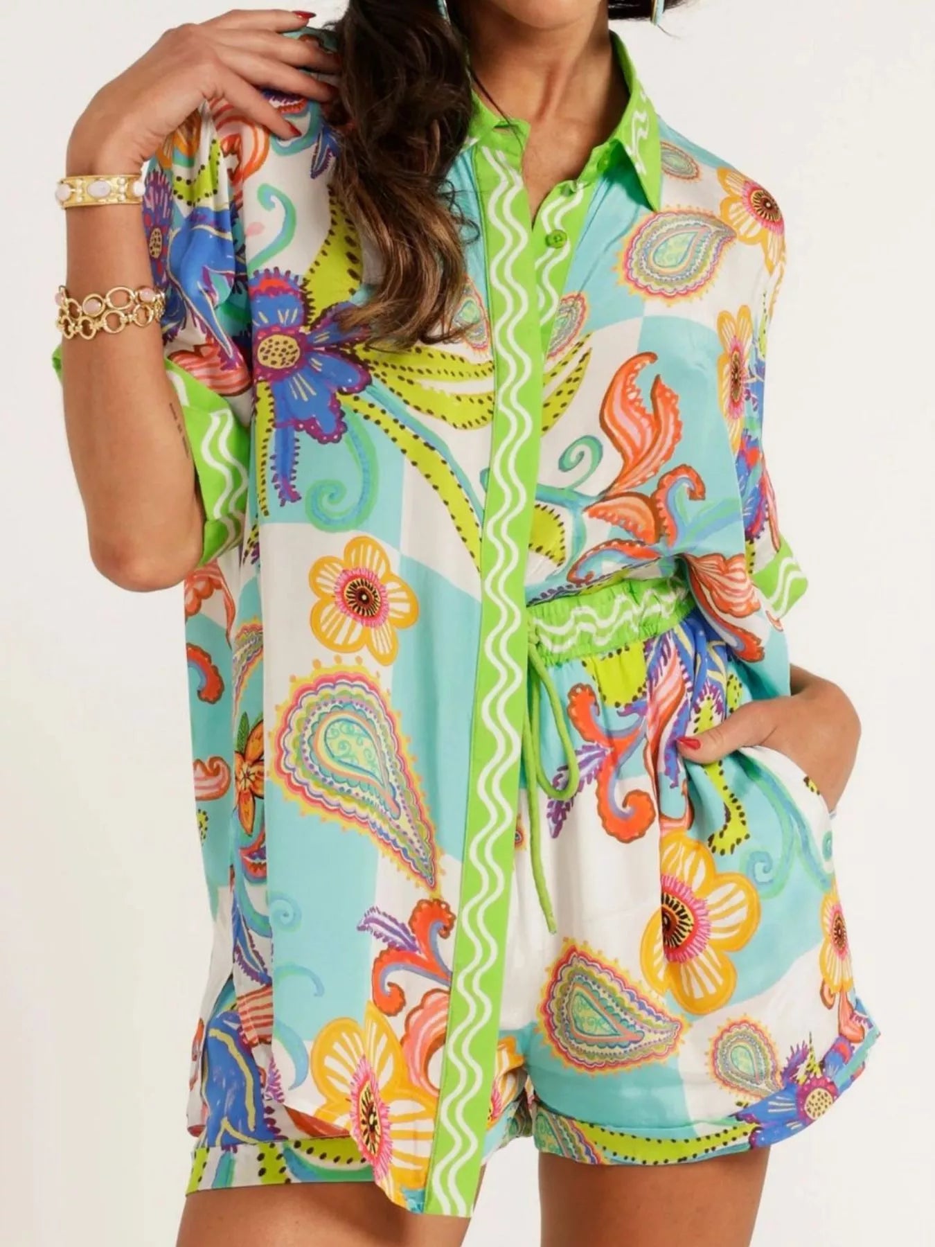 Trendsi Printed Button-Down Shirt and Shorts Set -