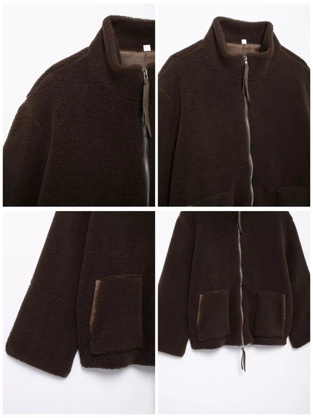 Brown sherpa zip-up jacket, stand collar, zip front, and pockets