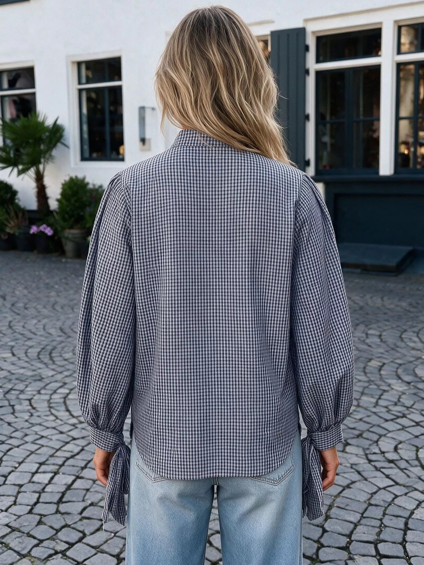 Trendsi Gingham Button Up Shirt with Tie-Sleeve Detail -