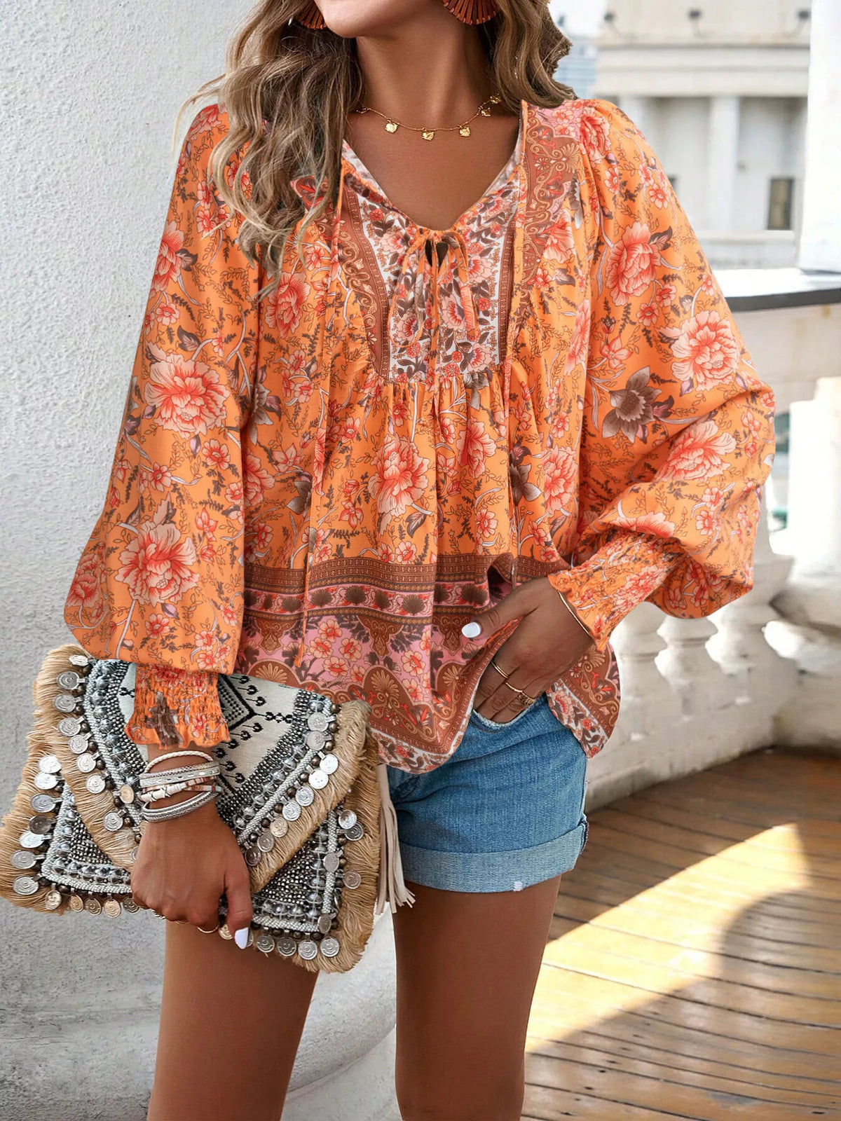 Trendsi Floral Print Tie-Neck Blouse with Smocked Cuffs -