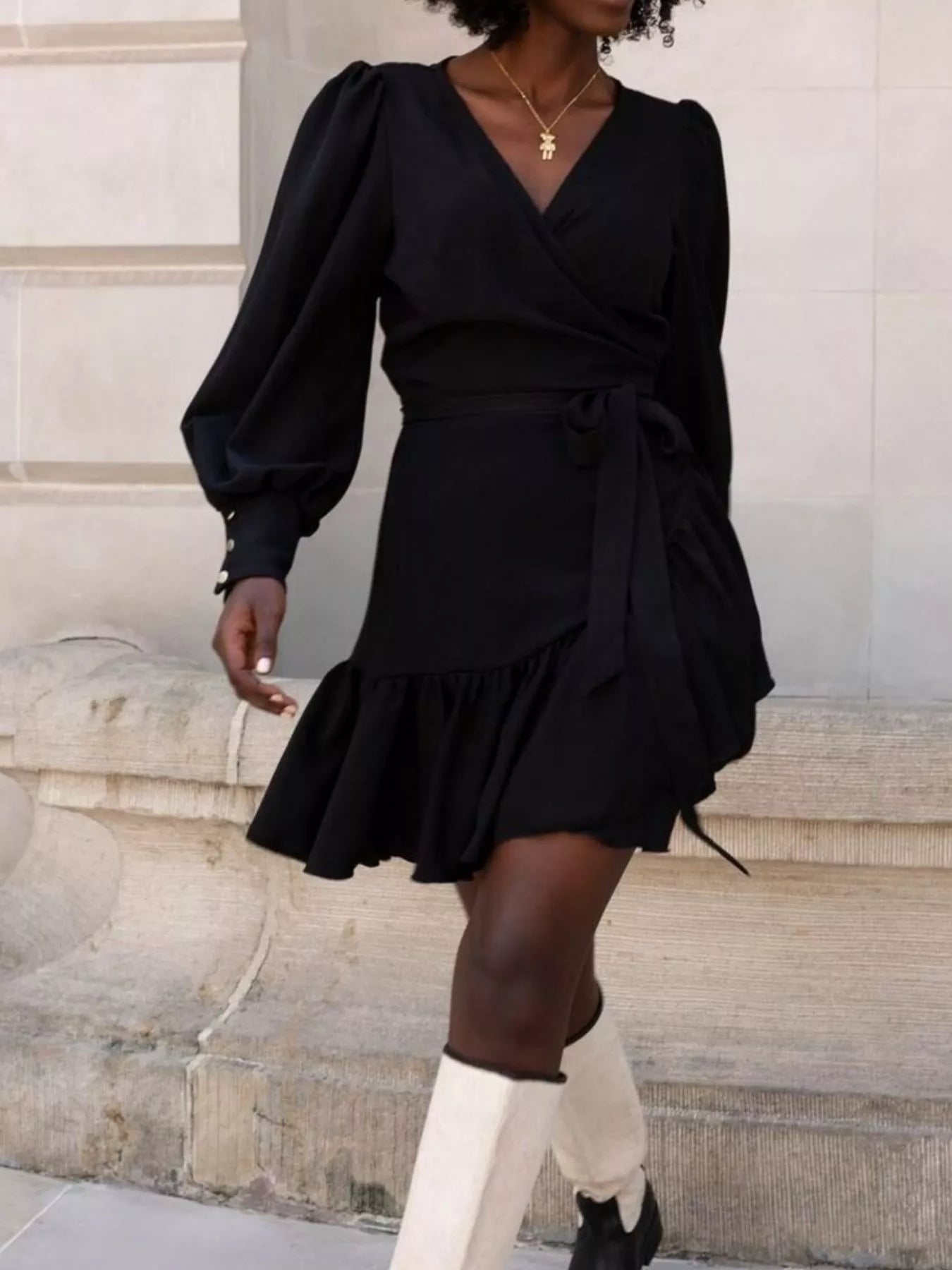 Trendsi Printed Surplice Long Sleeve Wrap Mini Dress -