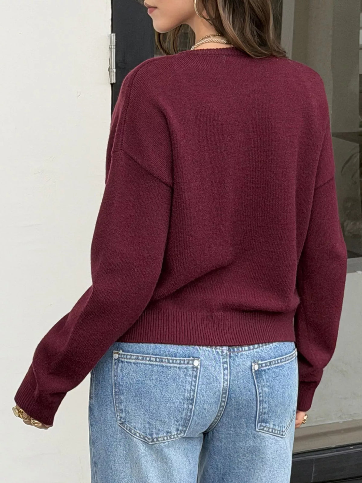 Wine red drop-shoulder button-down cardigan