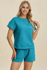 Trendsi Double Take Full Size Texture Short Sleeve Top and Shorts Set -