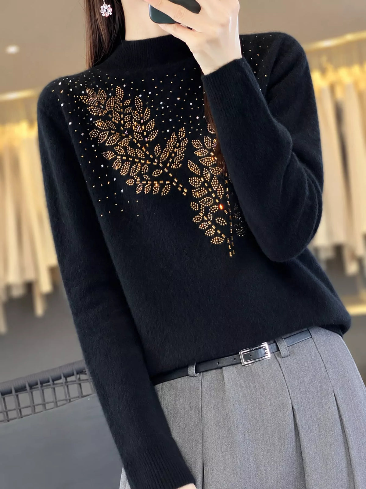 Rhinestone Leaf Mock Neck Sweater — front view