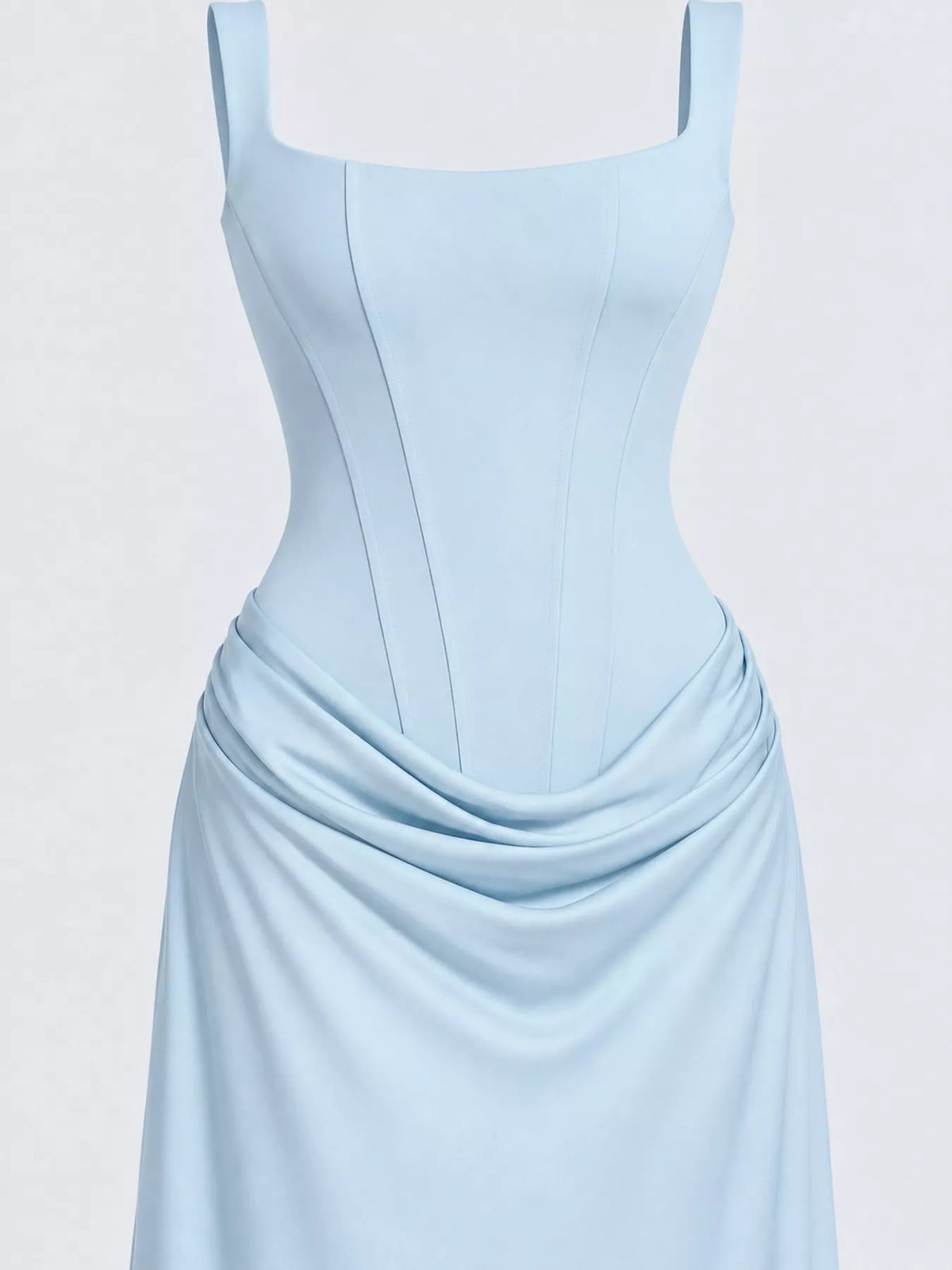 Square neck sleeveless maxi dress, construction and design details