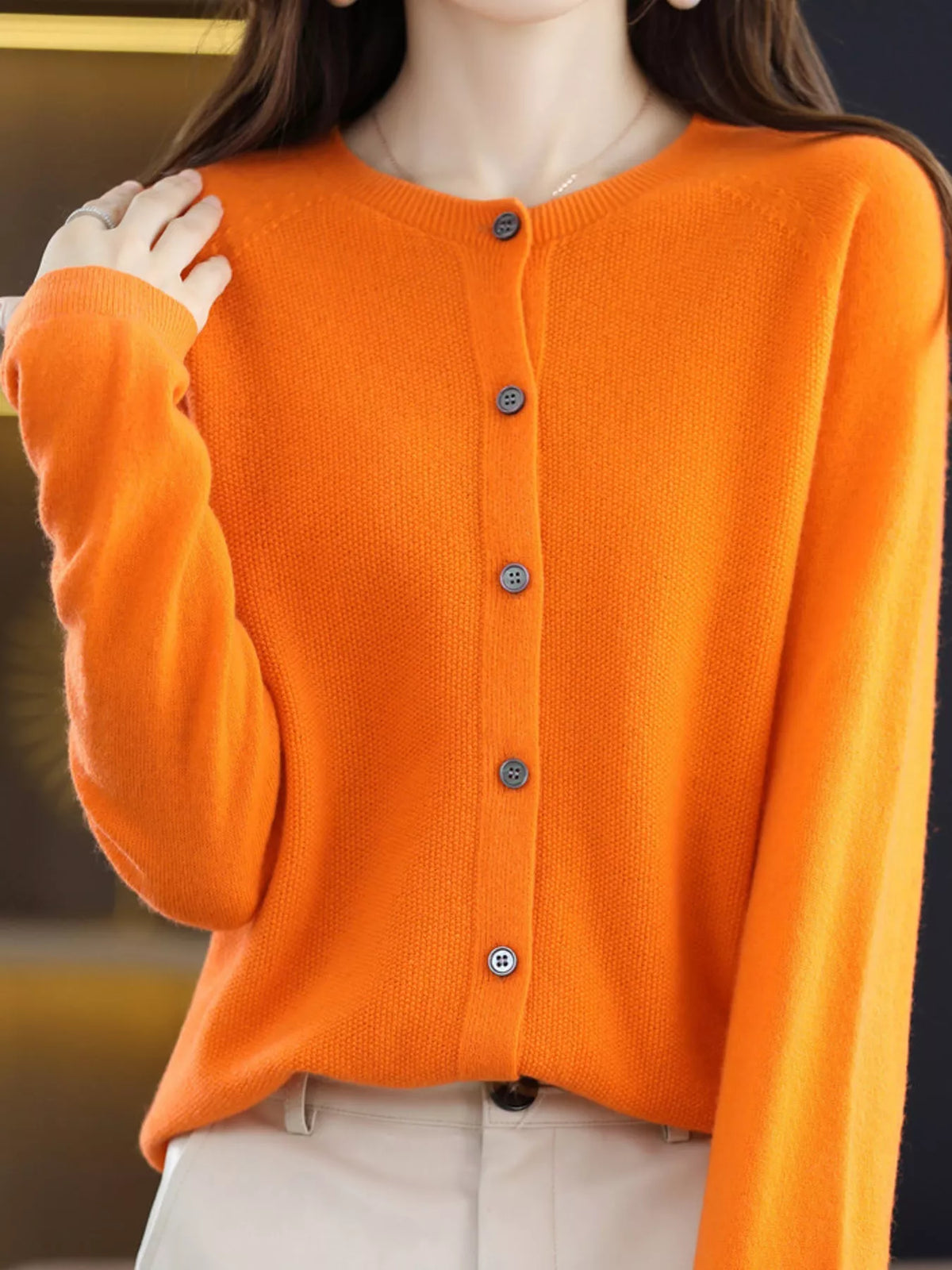 Ribbed cardigan, orange straight front
