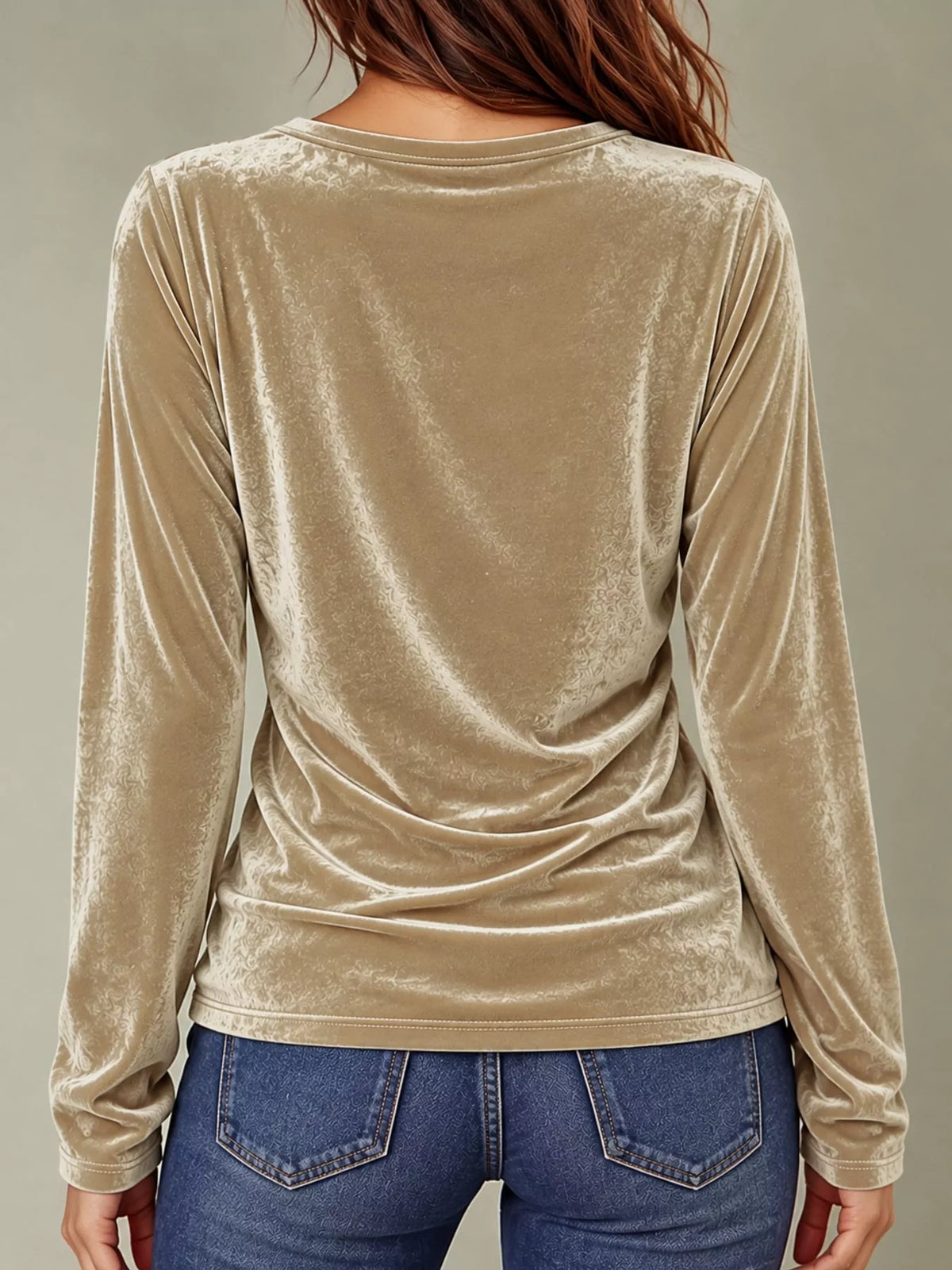 Women's V-Neck Velvet Long Sleeve T-Shirt in beige — back view