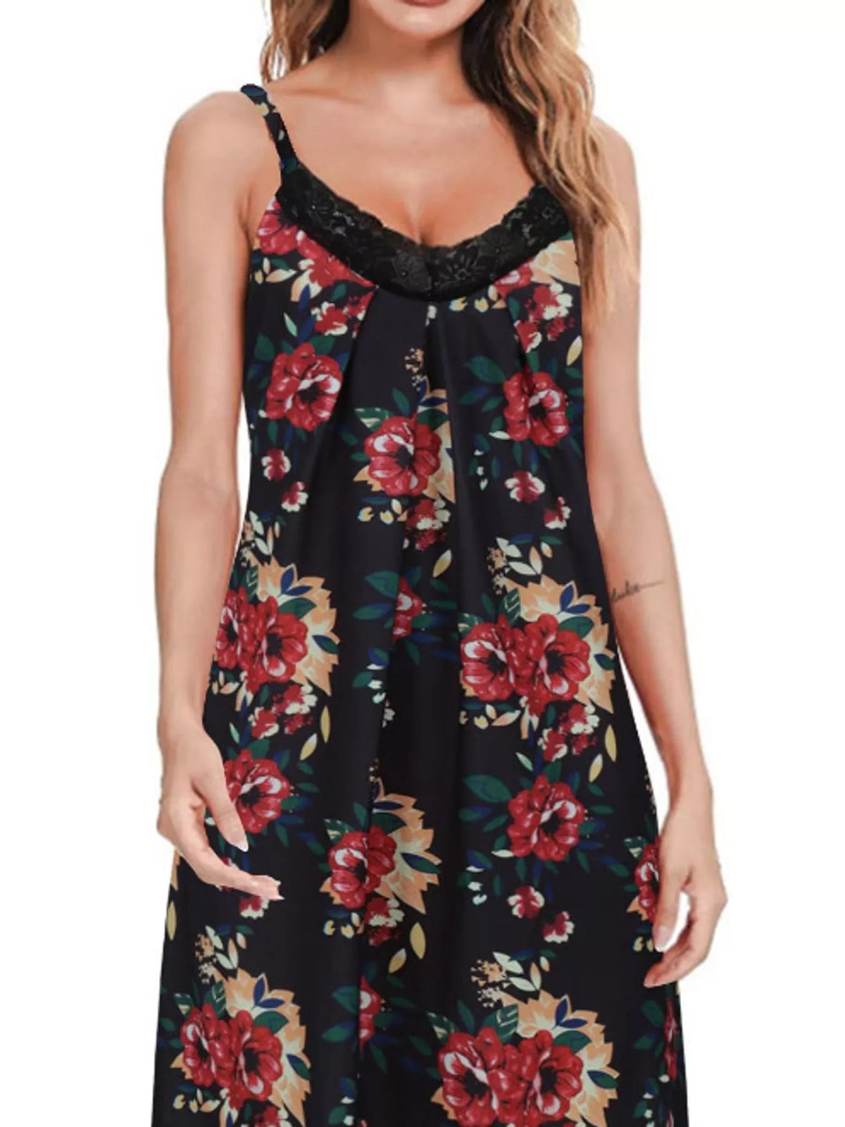 Lace Detail Spaghetti Strap Lounge Dress — front view