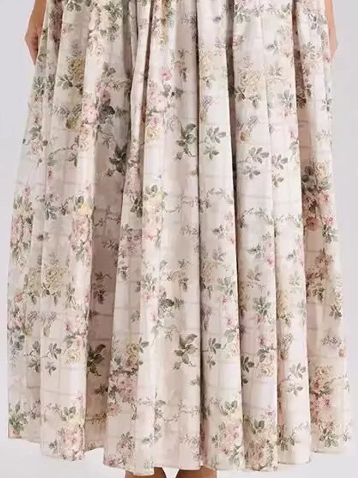 Women's Paneled Bodice Gathered Midi Dress in gray floral — print detail view