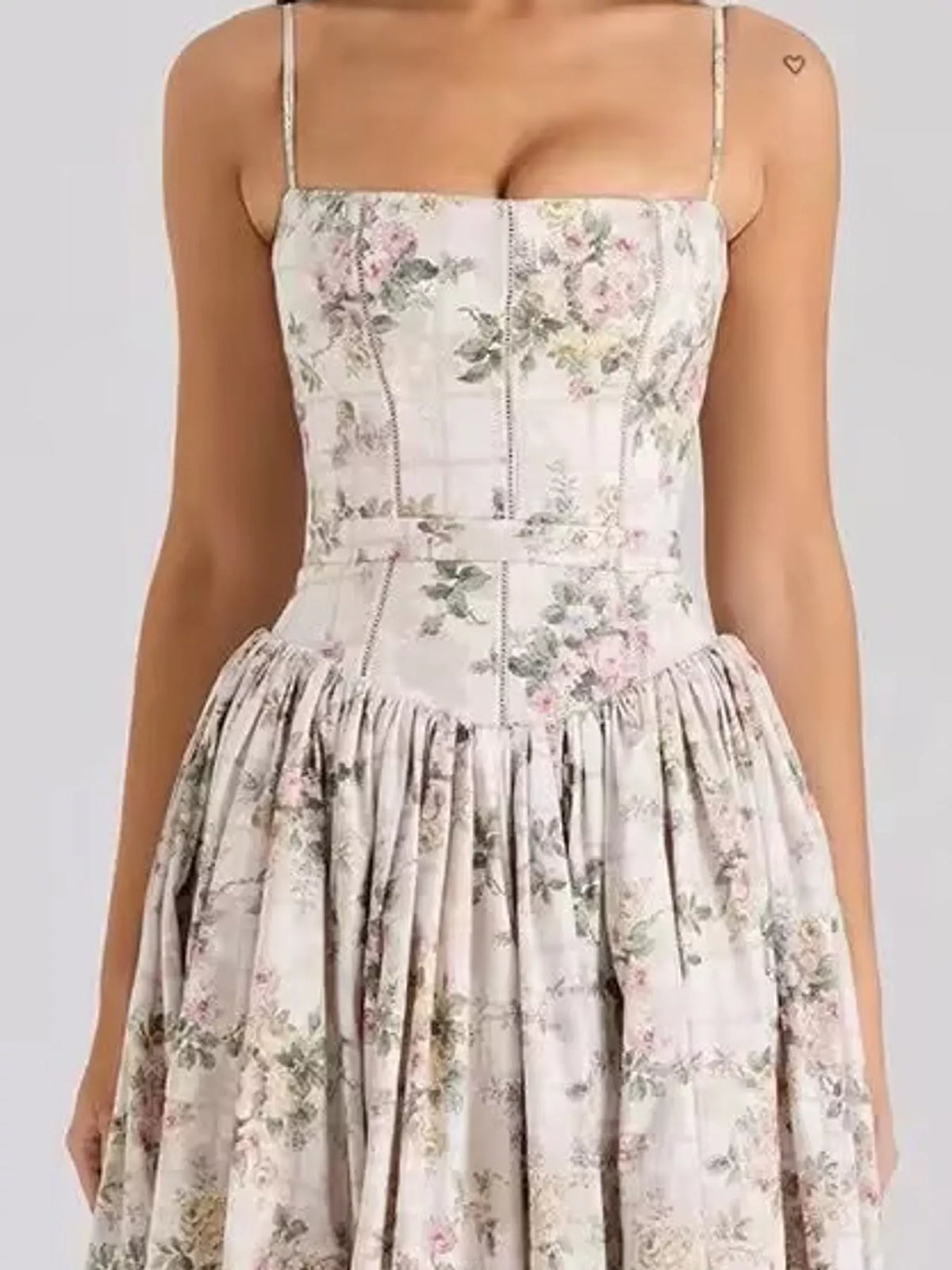 Women's Paneled Bodice Gathered Midi Dress in gray floral — bodice detail view