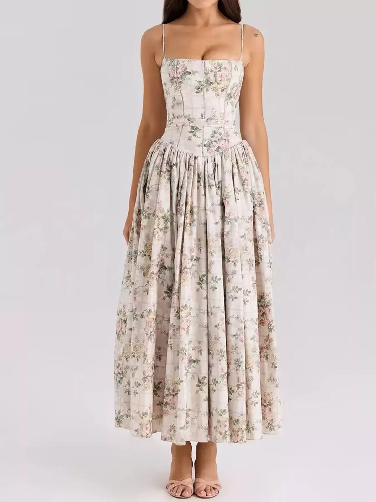 Women's Paneled Bodice Gathered Midi Dress in gray floral — front view