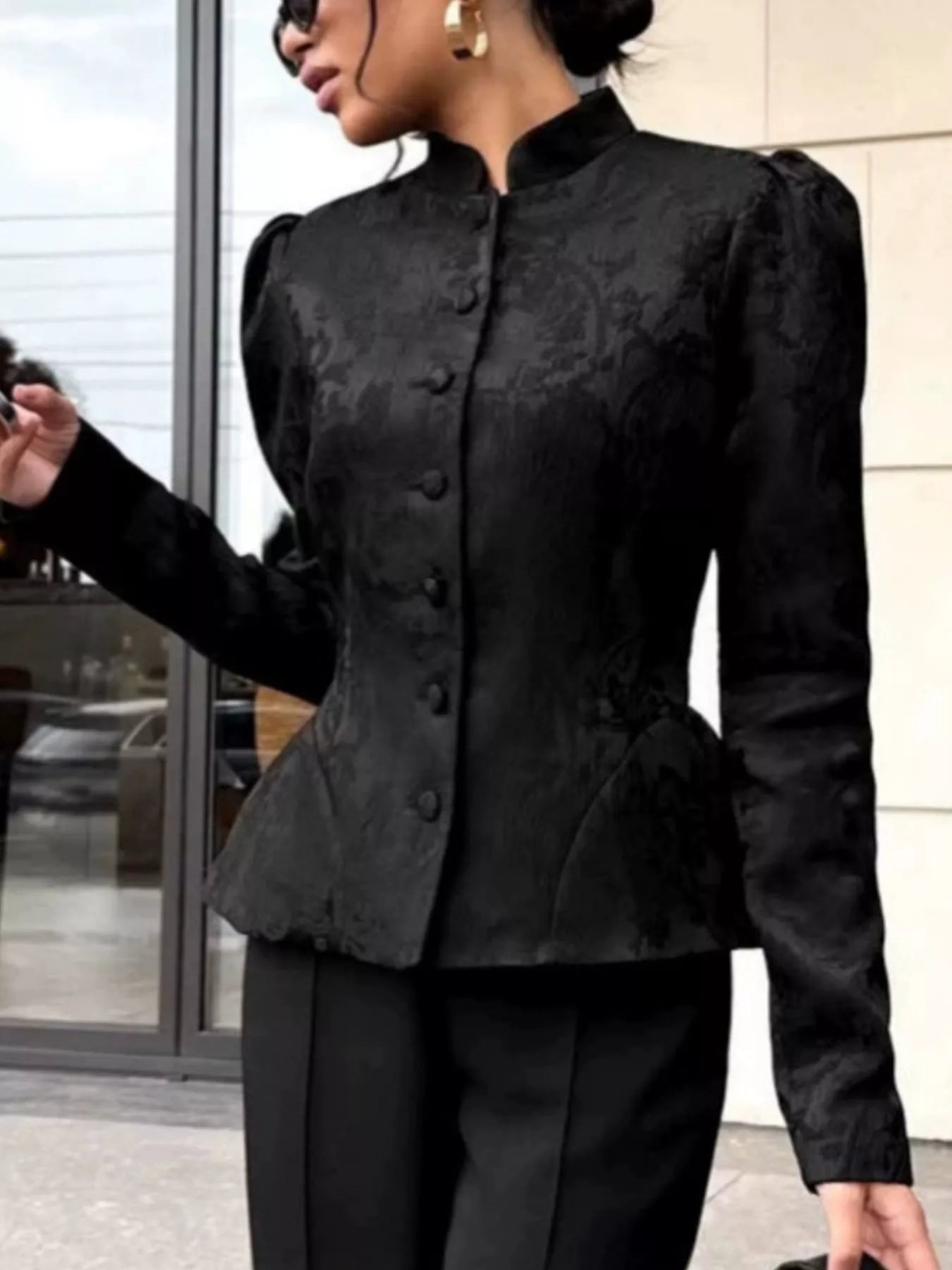 Trendsi Jacquard Peplum Puff Sleeve Outerwear -