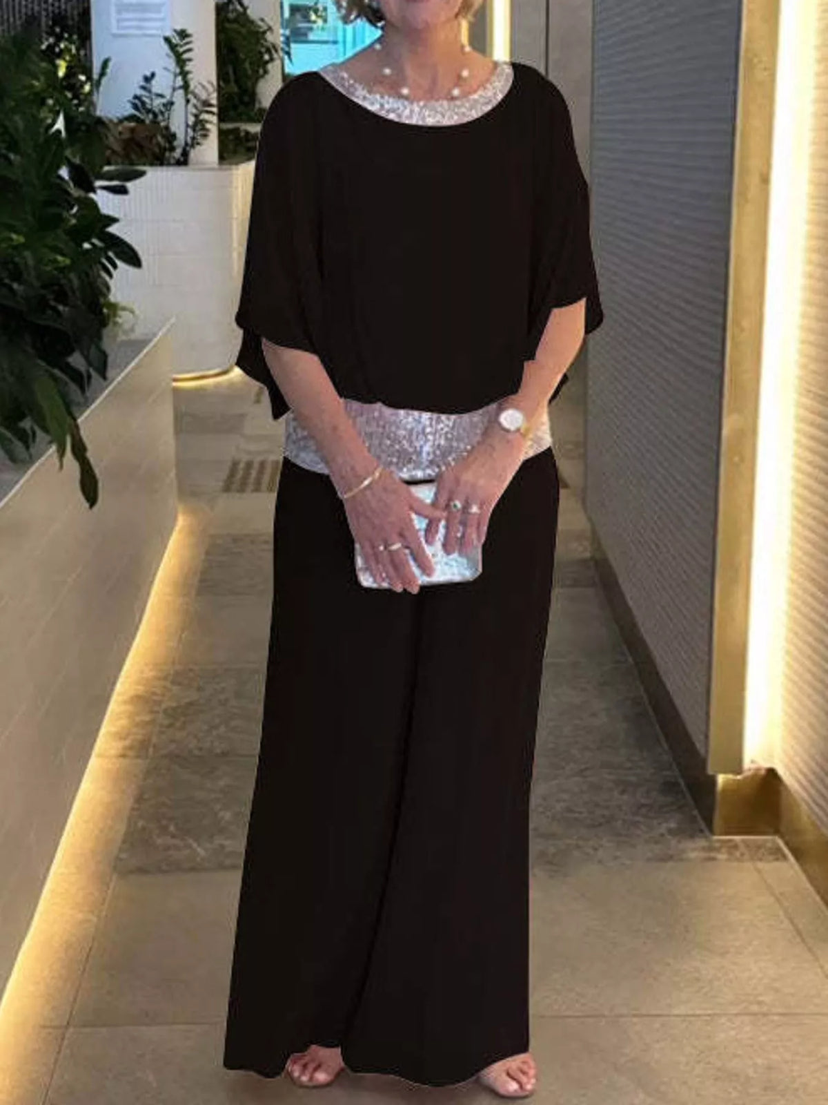 Chiffon Top and Wide-Leg Pants Set — front view