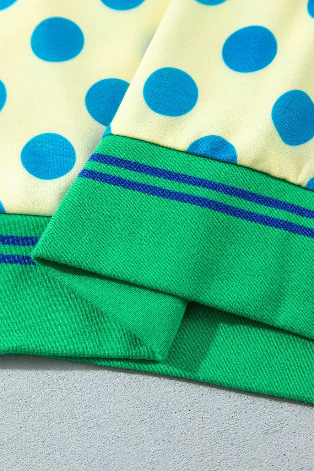 Polka Dot Mock Neck Sweatshirt with Striped Ribbed Trim, cuff detail
