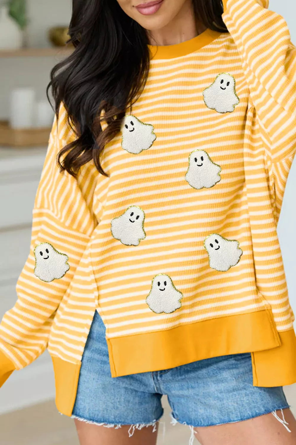 Trendsi Stripe Halloween Ghost Patch Round Neck Long Sleeve Top -