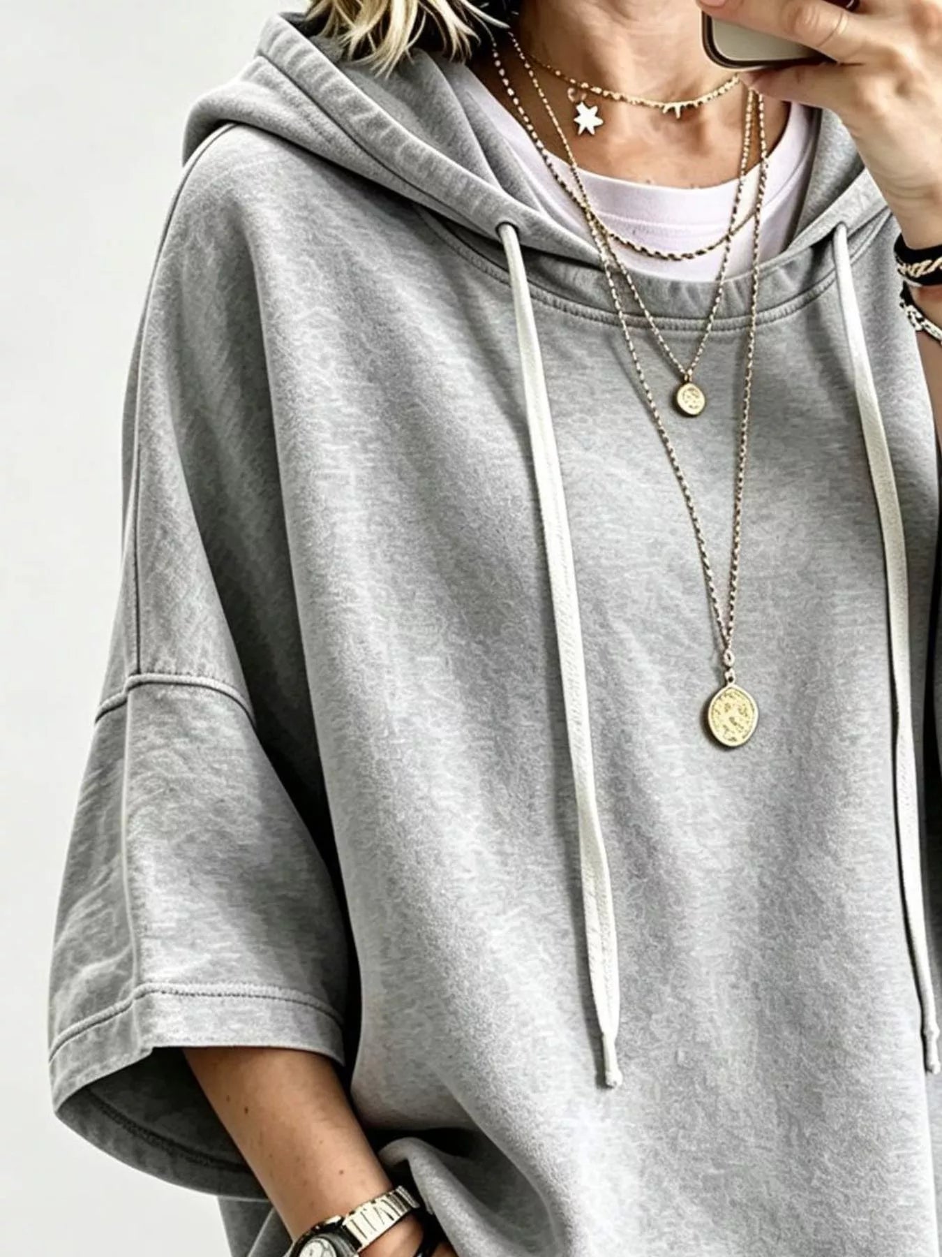 Trendsi Drawstring 3/4 Sleeve Hoodie -