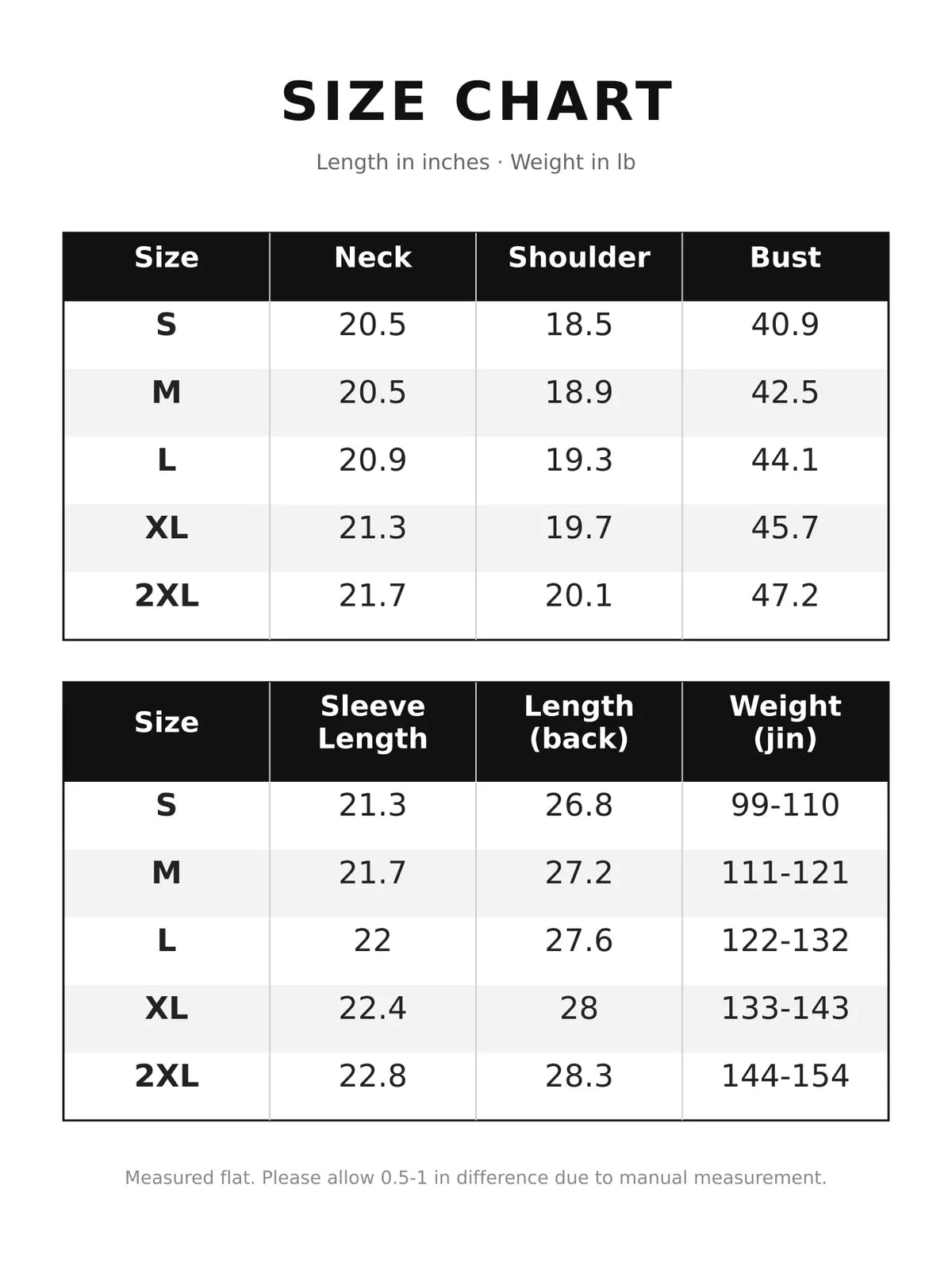 Size chart for button up long sleeve denim jacket