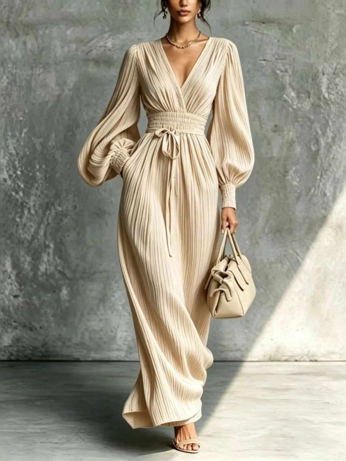 Cream pleated v-neck tie-waist maxi dress, full front view.